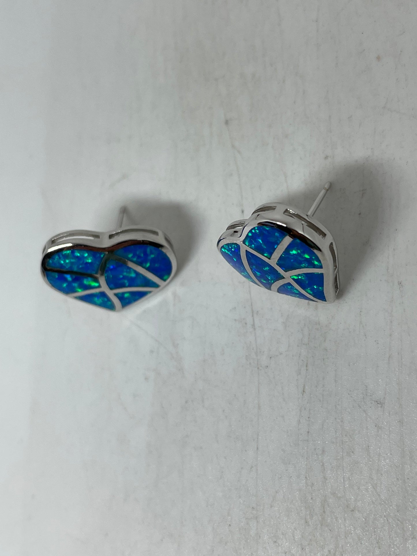 Vintage Blue OpalHEart Earrings 925 Sterling Silver Stud Button