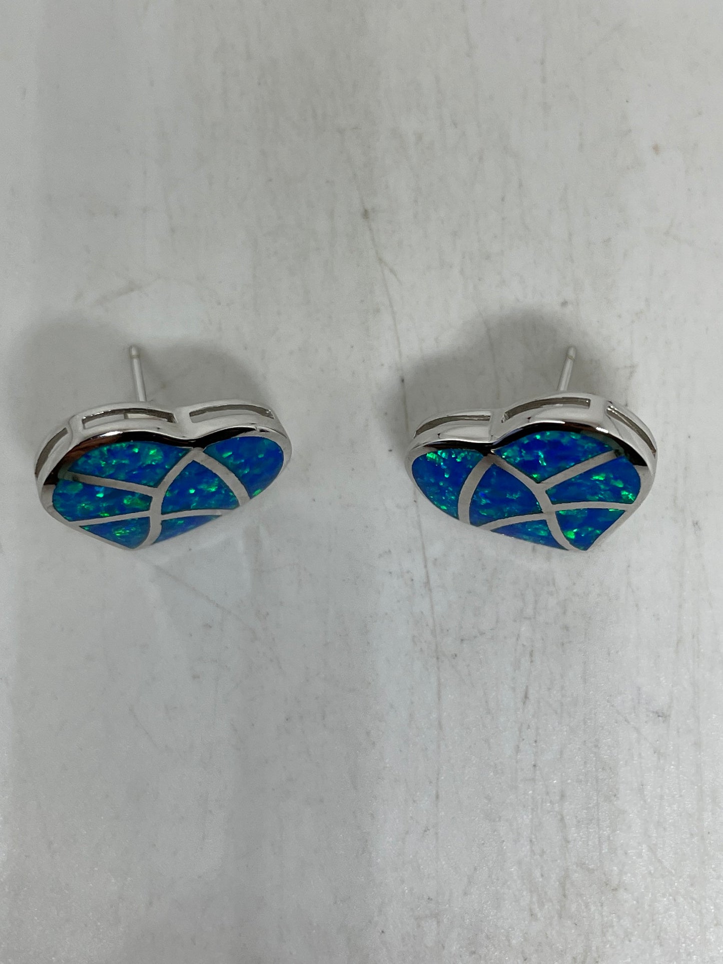 Vintage Blue OpalHEart Earrings 925 Sterling Silver Stud Button