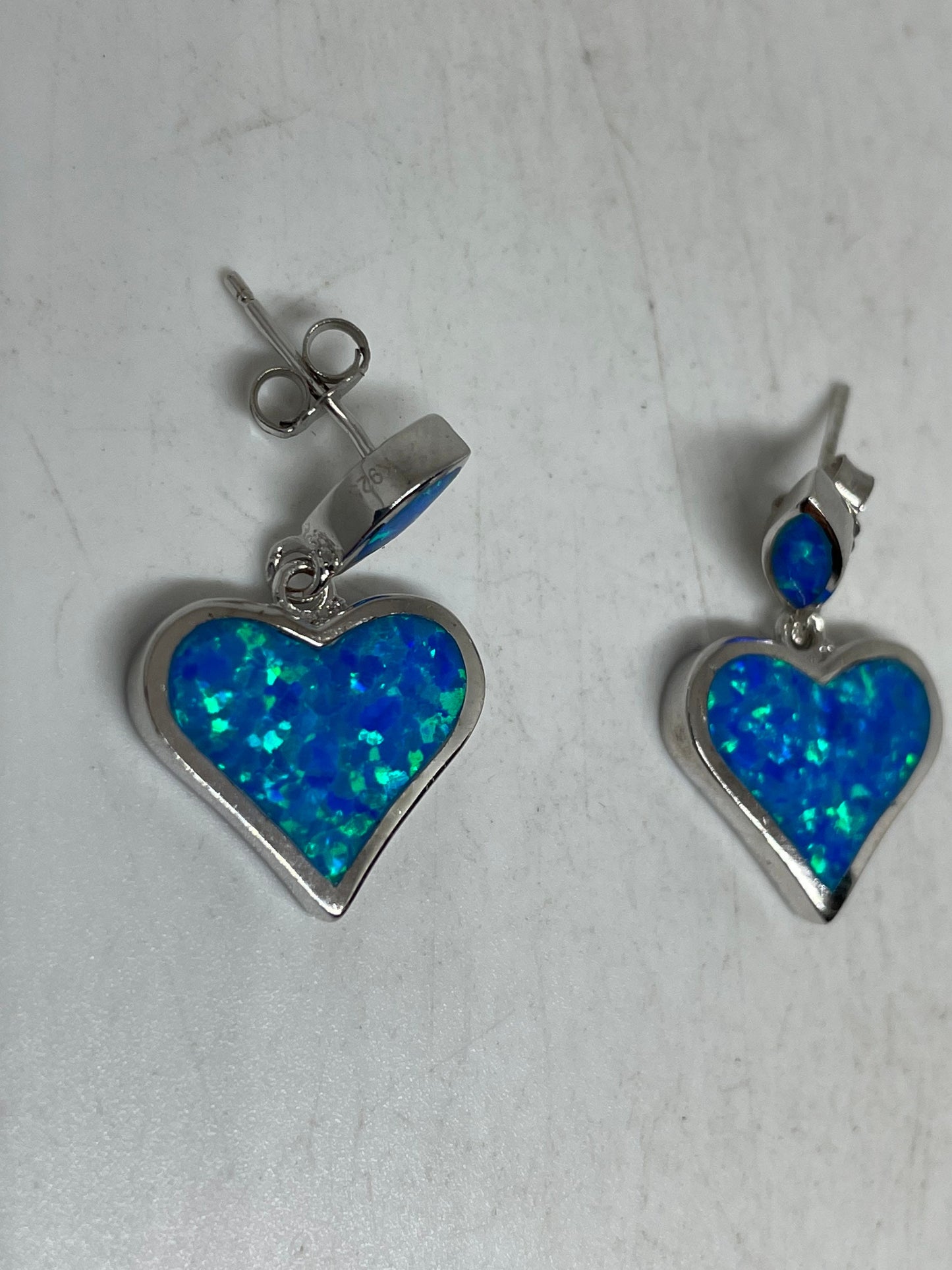 Vintage Blue OpalHEart Earrings 925 Sterling Silver Stud Button