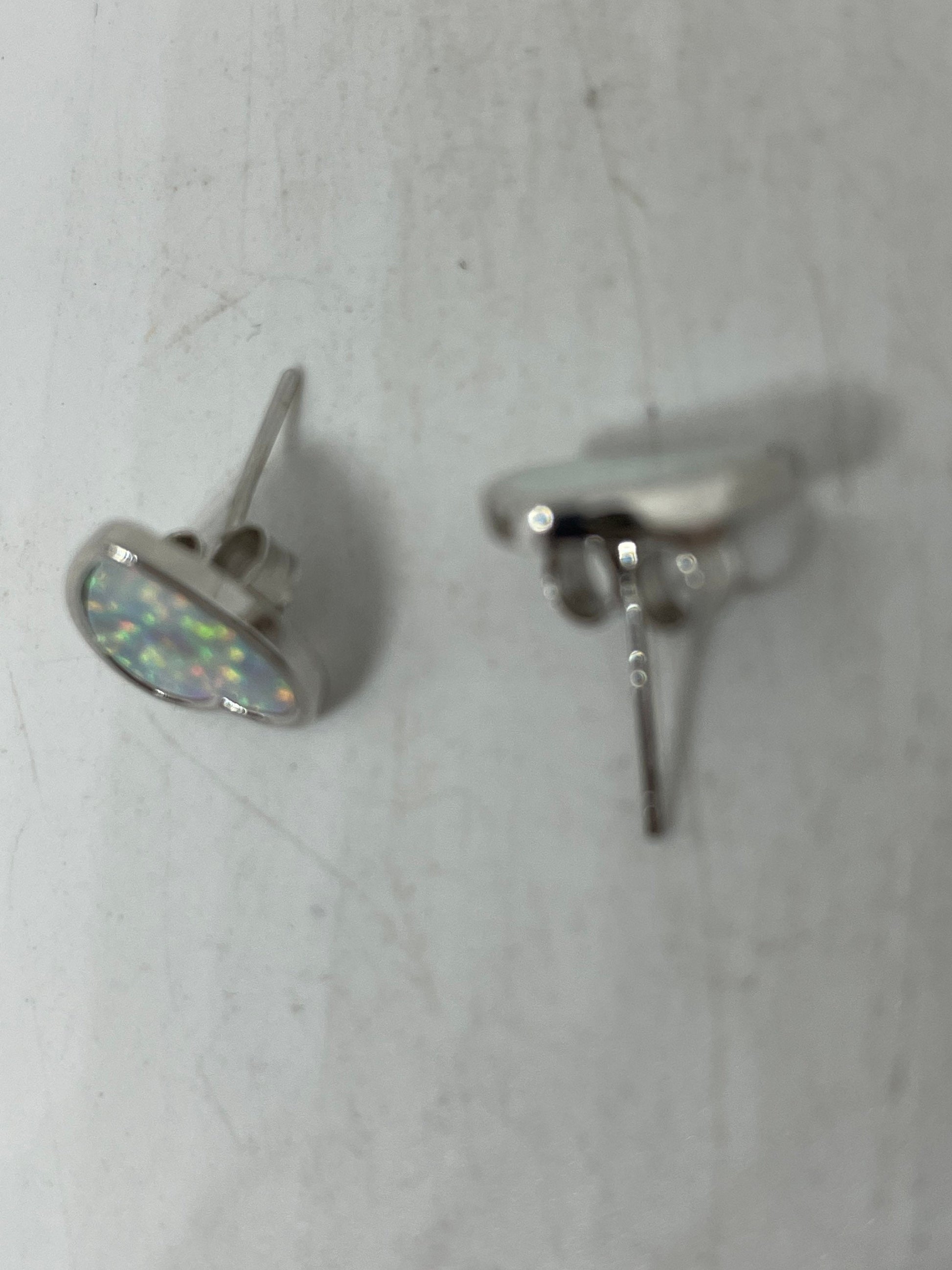 Vintage White Opal HEart Earrings 925 Sterling Silver Stud Button