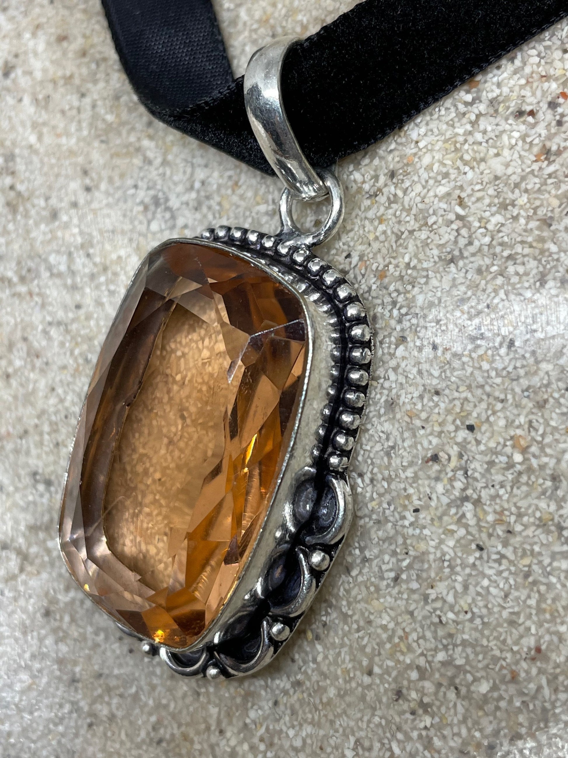 Vintage Amber Glass Antique Black Velvet Ribbon Choker Necklace