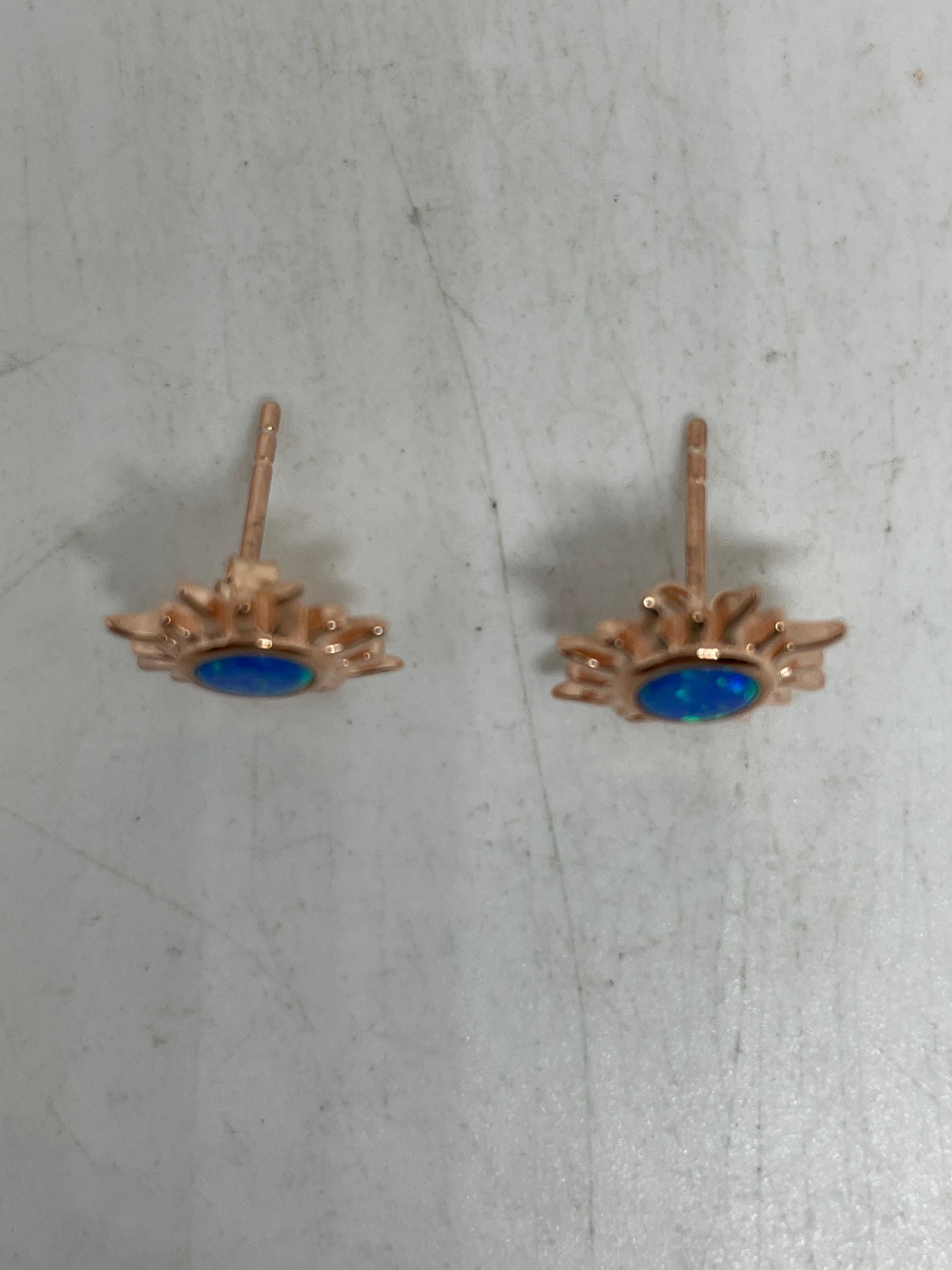 Vintage Blue Opal Earrings Rose Golden 925 Sterling Silver Stud Button