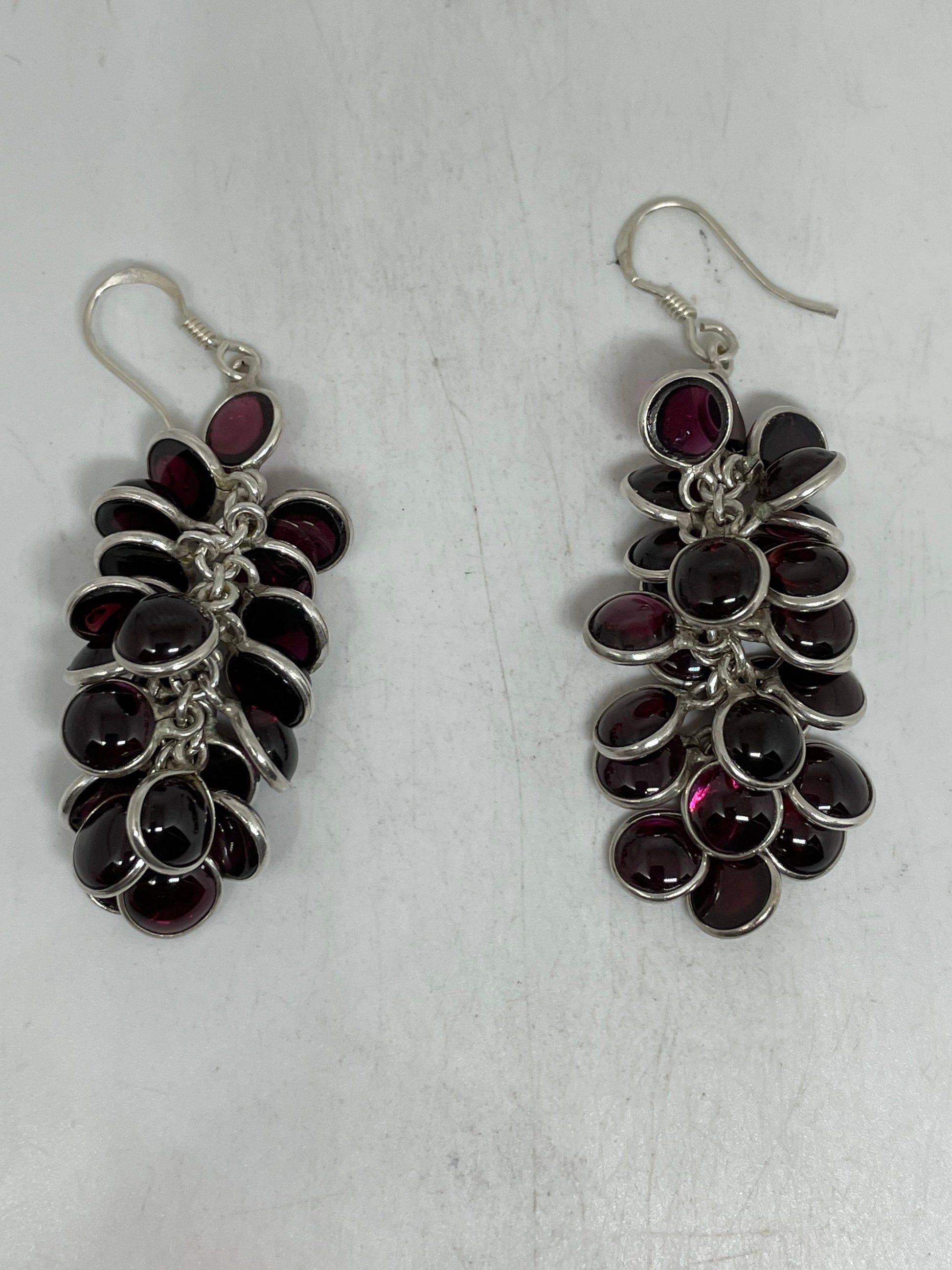 Vintage Bohemian Red Garnet Earrings Golden 925 Sterling Silver Dangle