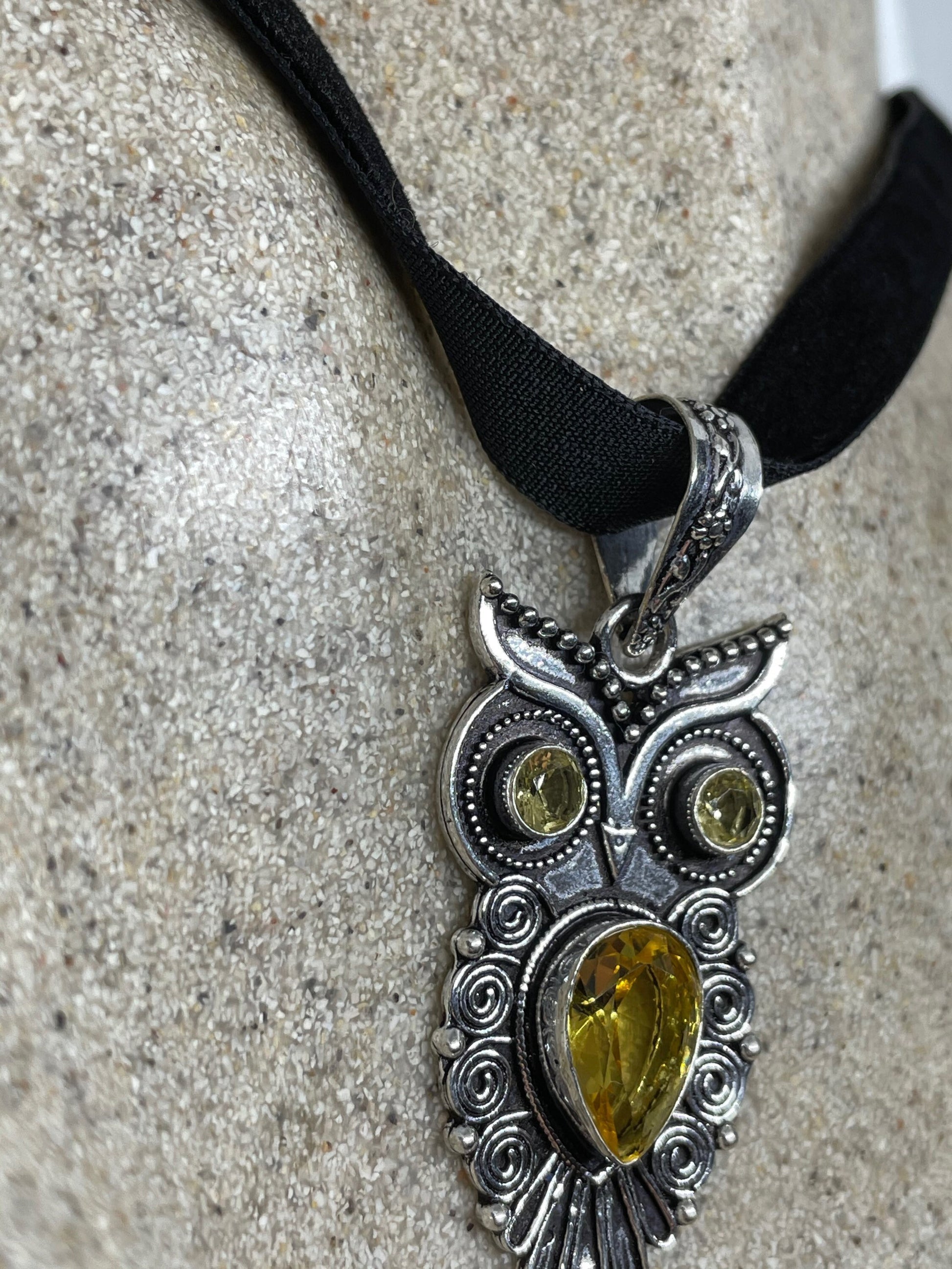 Vintage Citrine Owl Choker Antique Pendant Necklace