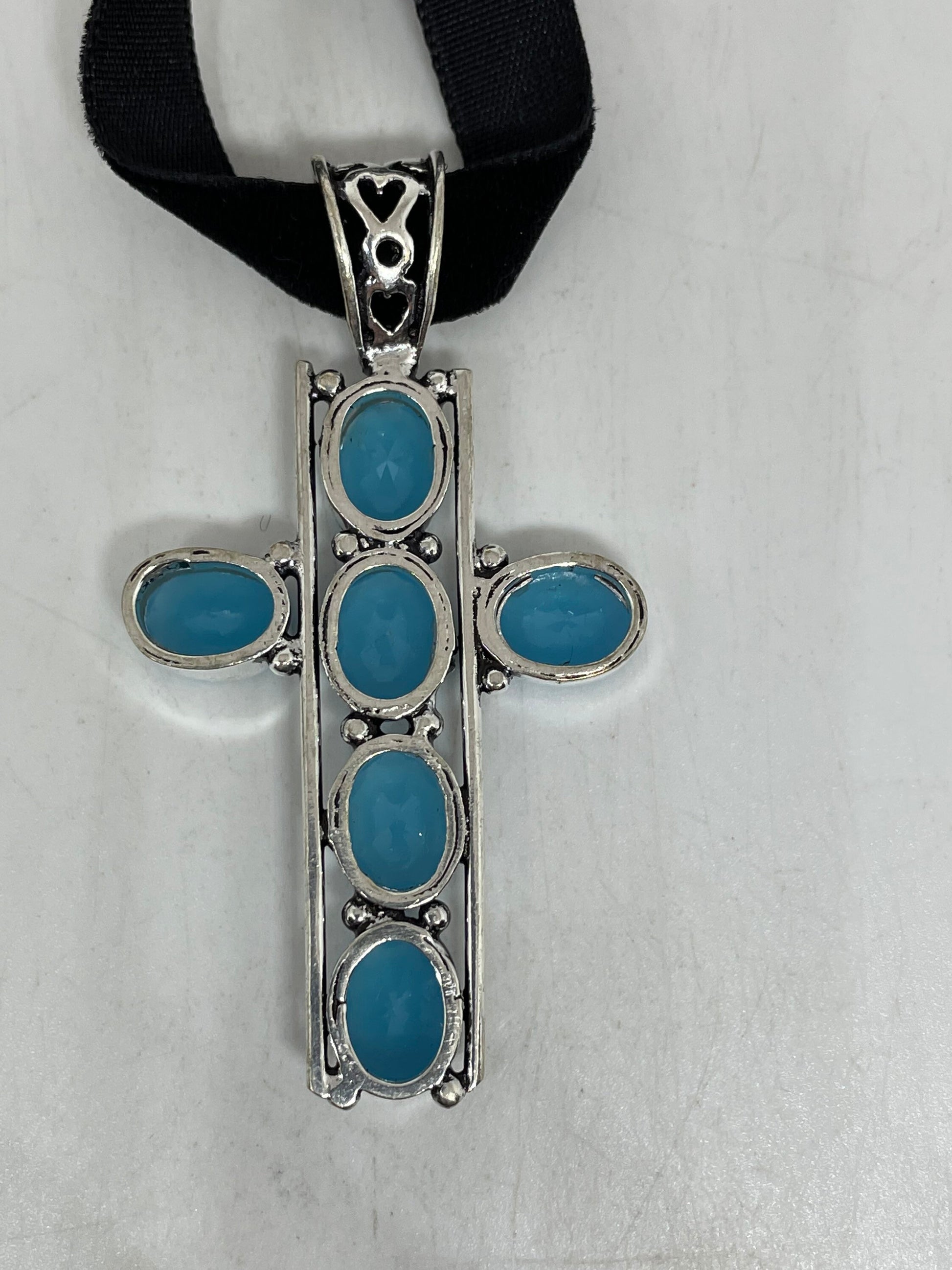 Vintage Blue Chalcedony Cross Choker White Bronze Pendant Necklace