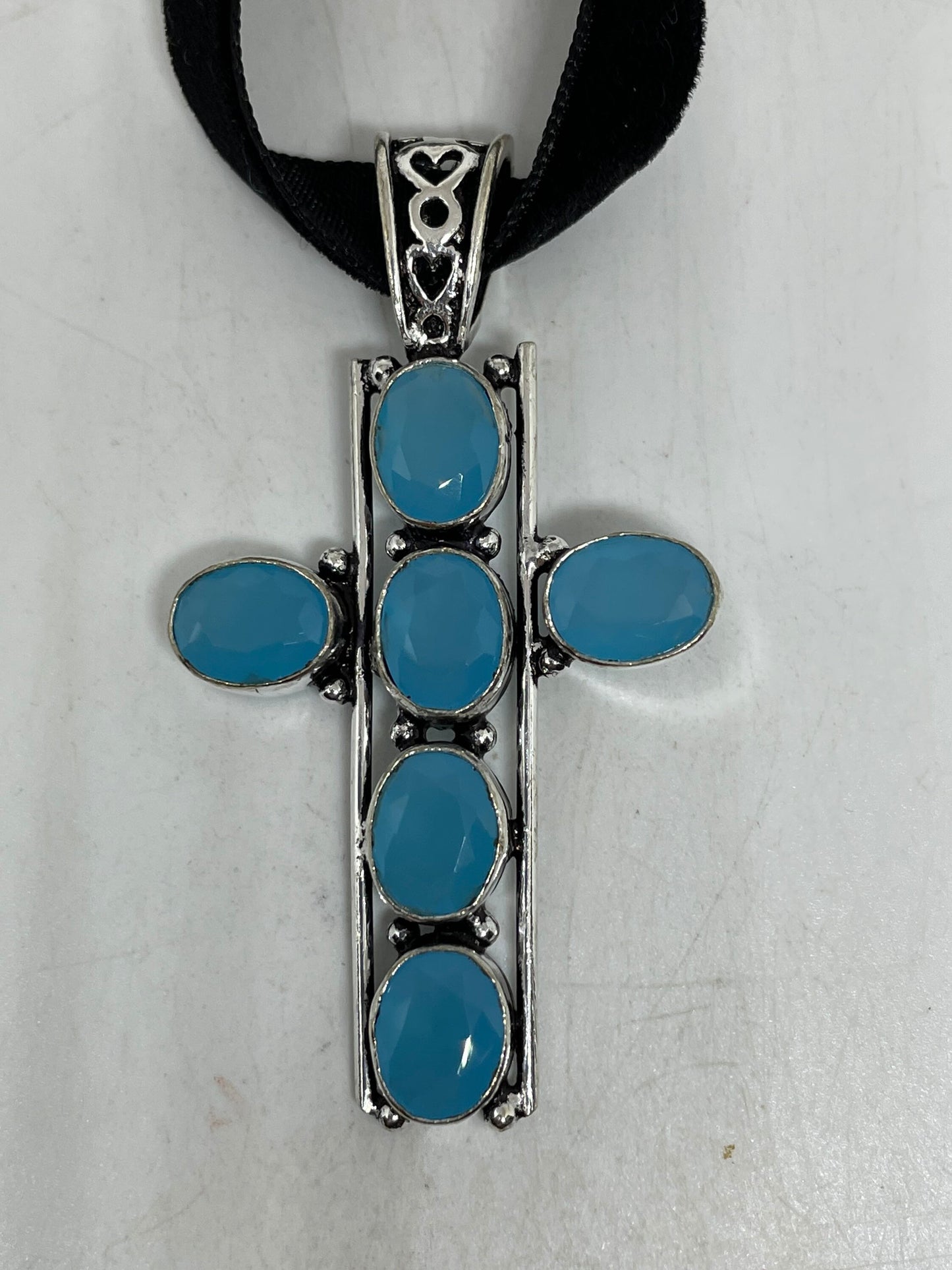 Vintage Blue Chalcedony Cross Choker White Bronze Pendant Necklace
