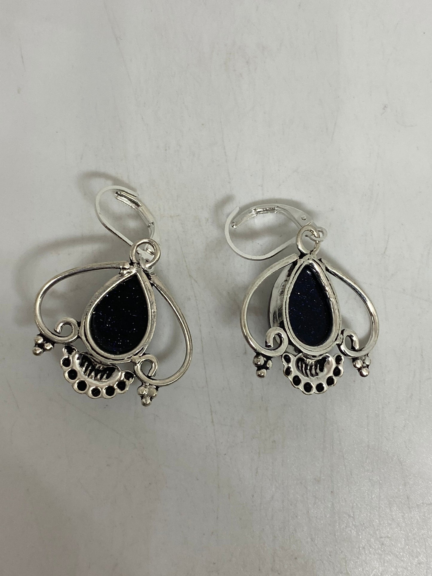 Antique Vintage Black Onyx 925 Silver Dangle LeverBack Earrings