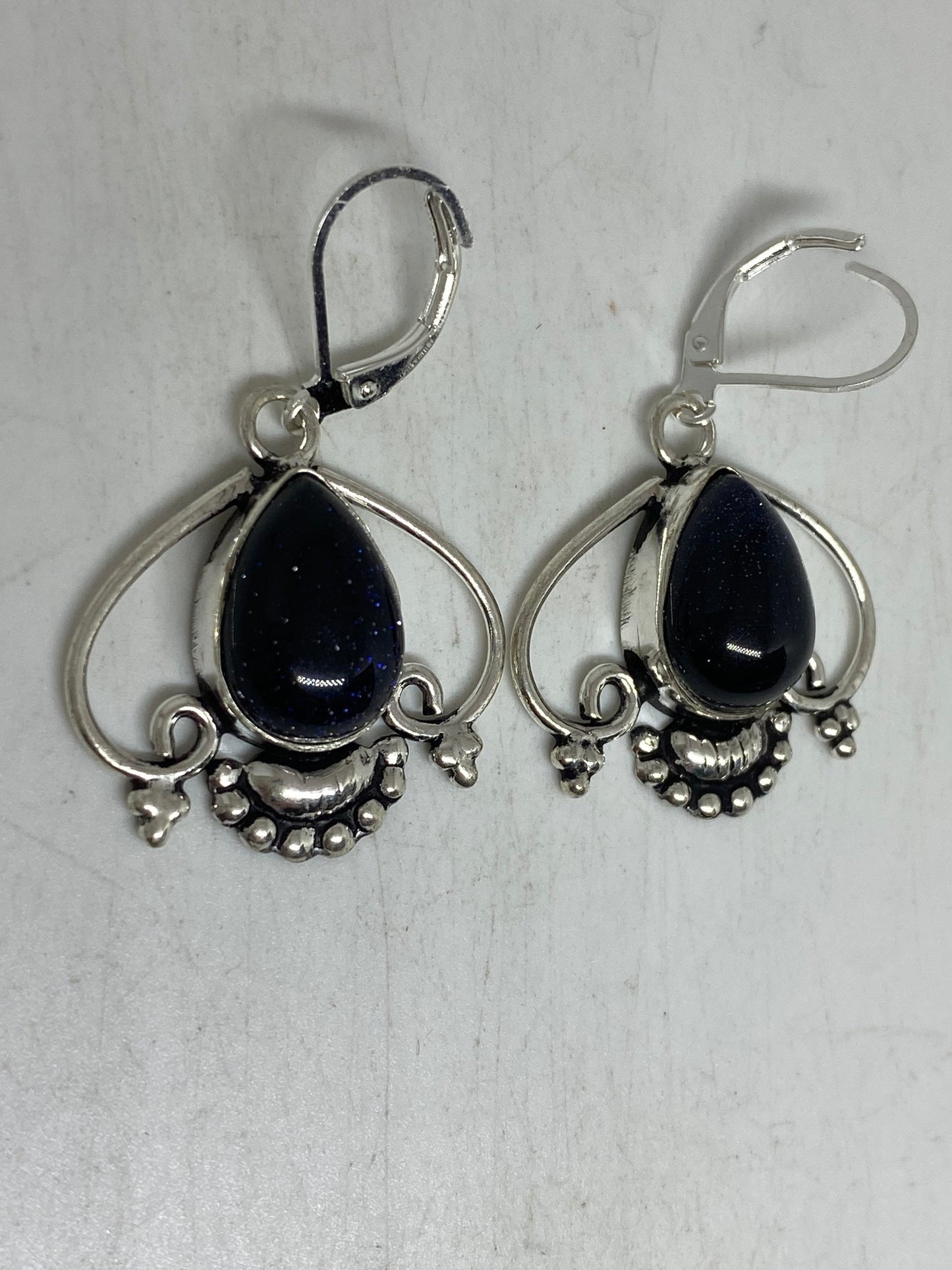 Antique Vintage Black Onyx 925 Silver Dangle LeverBack Earrings