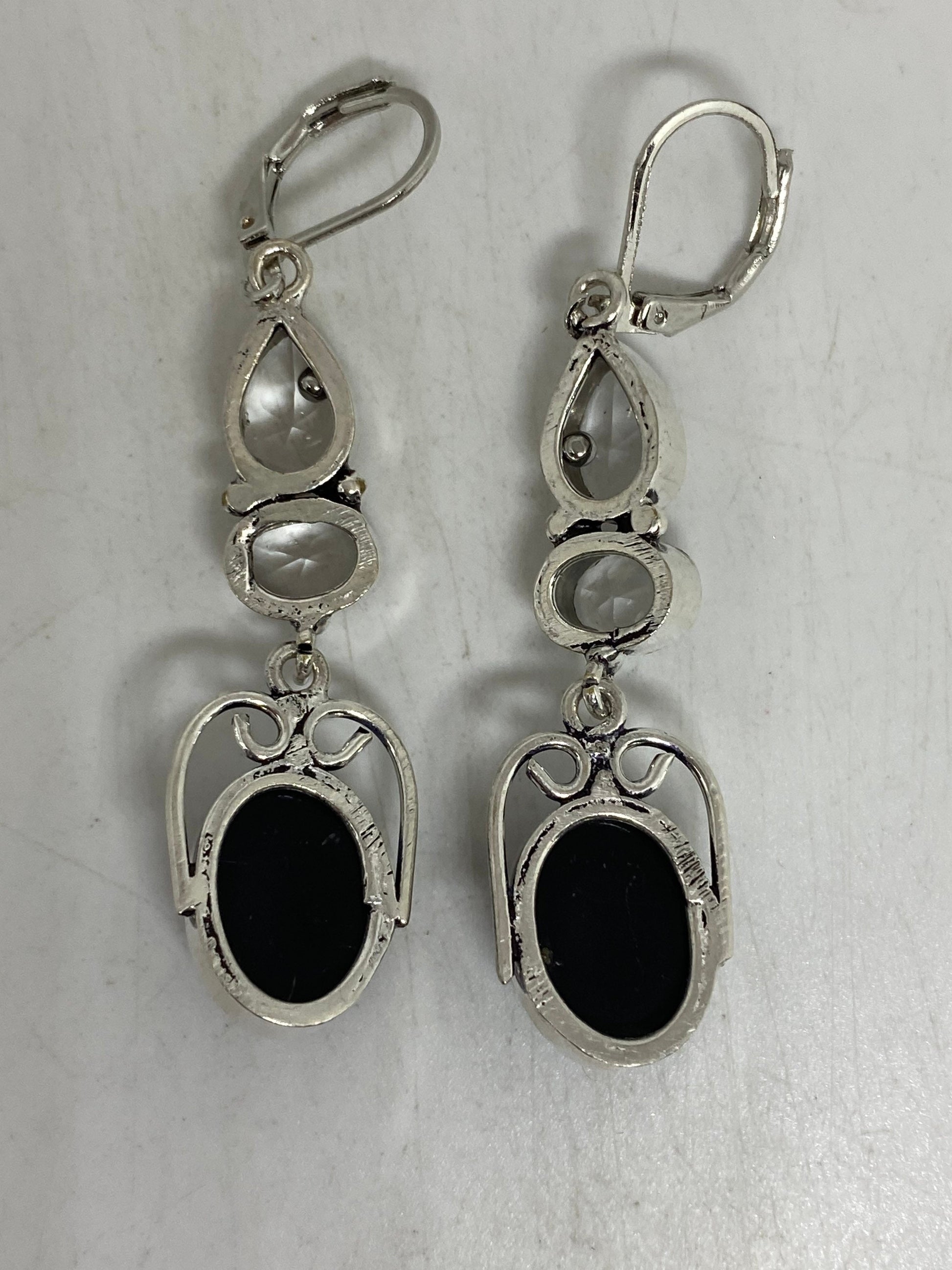 Antique Vintage Black Onyx 925 Silver Dangle LeverBack Earrings