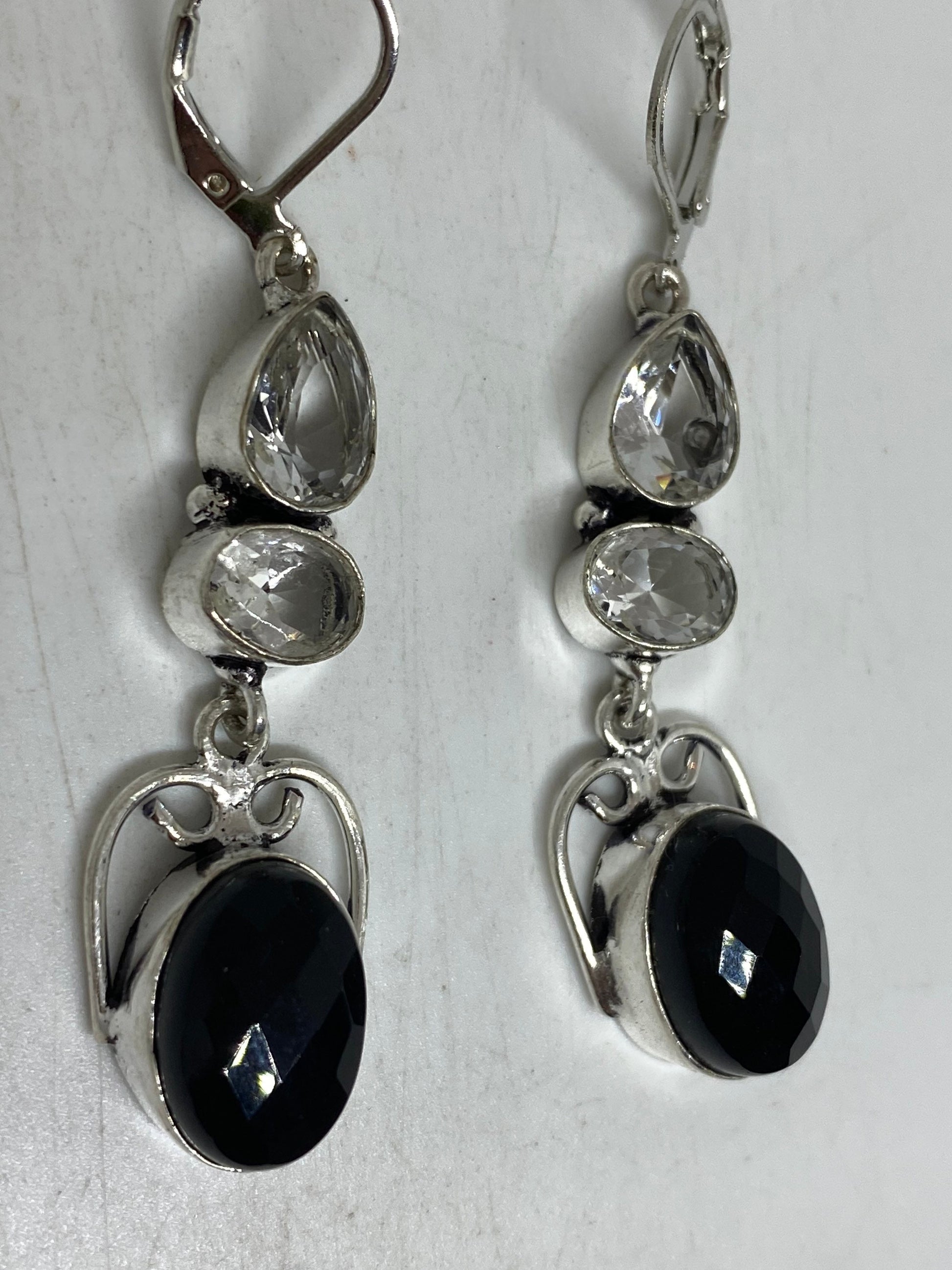 Antique Vintage Black Onyx 925 Silver Dangle LeverBack Earrings