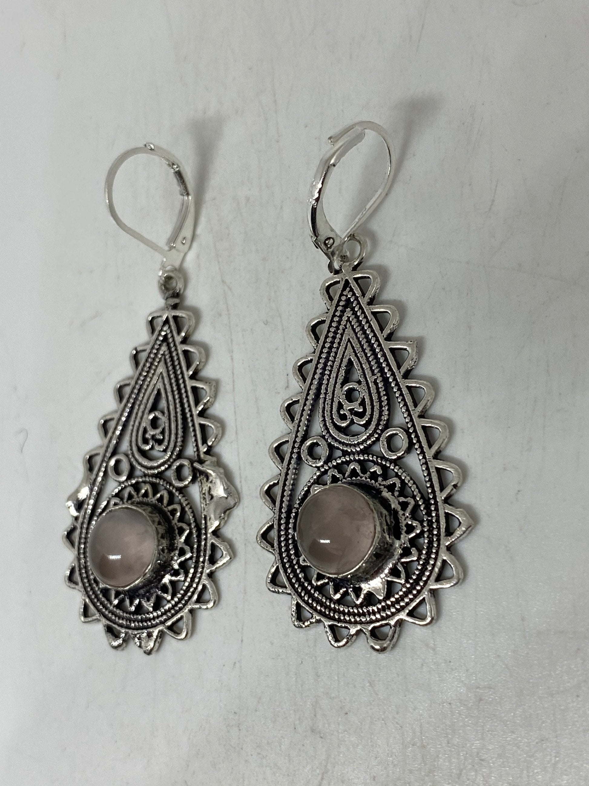 Vintage Rose Quartz Sterling Silver Lever Back Dangle Earrings