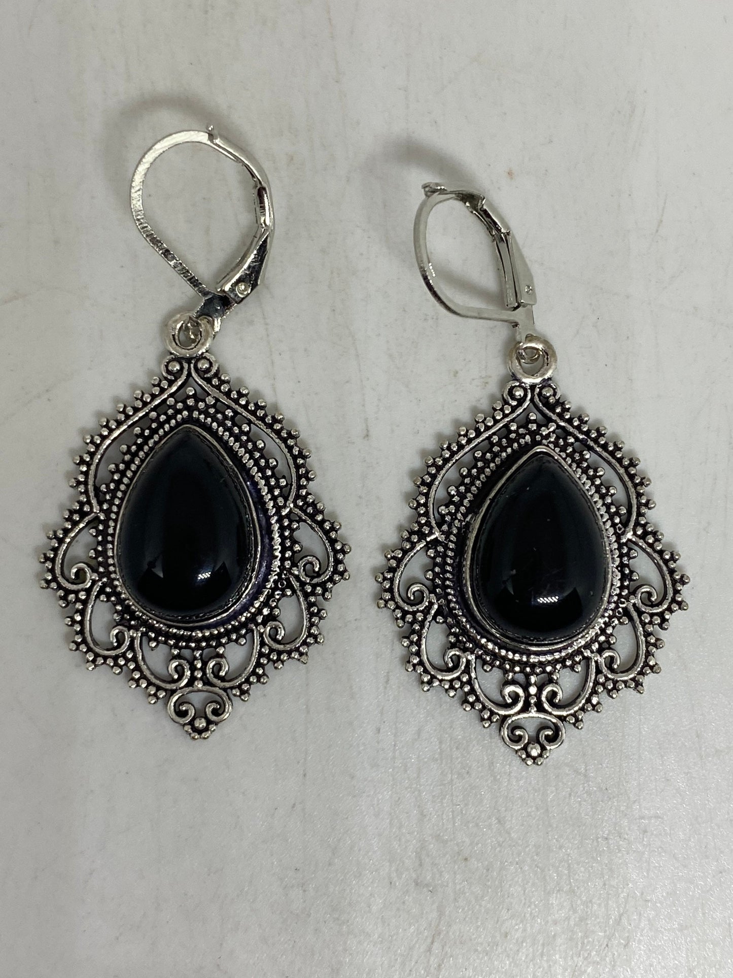 Antique Vintage Black Onyx 925 Silver Dangle LeverBack Earrings