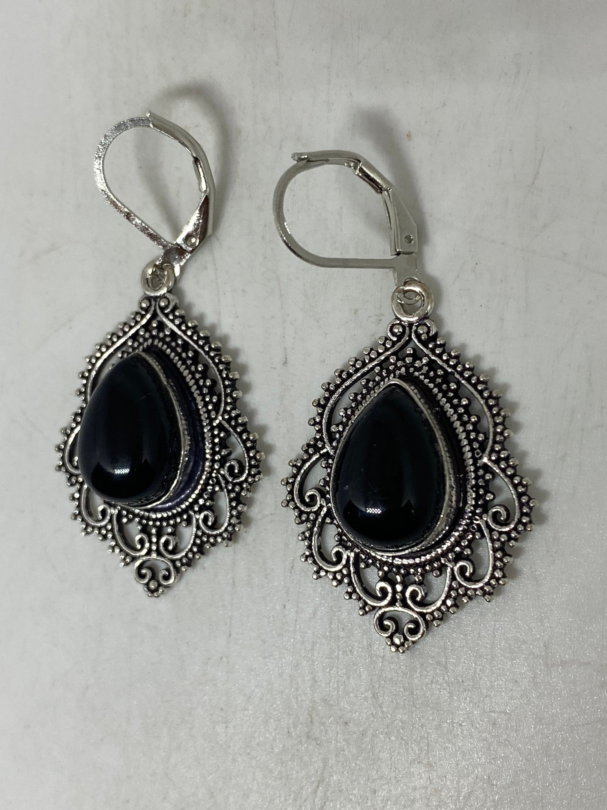 Antique Vintage Black Onyx 925 Silver Dangle LeverBack Earrings