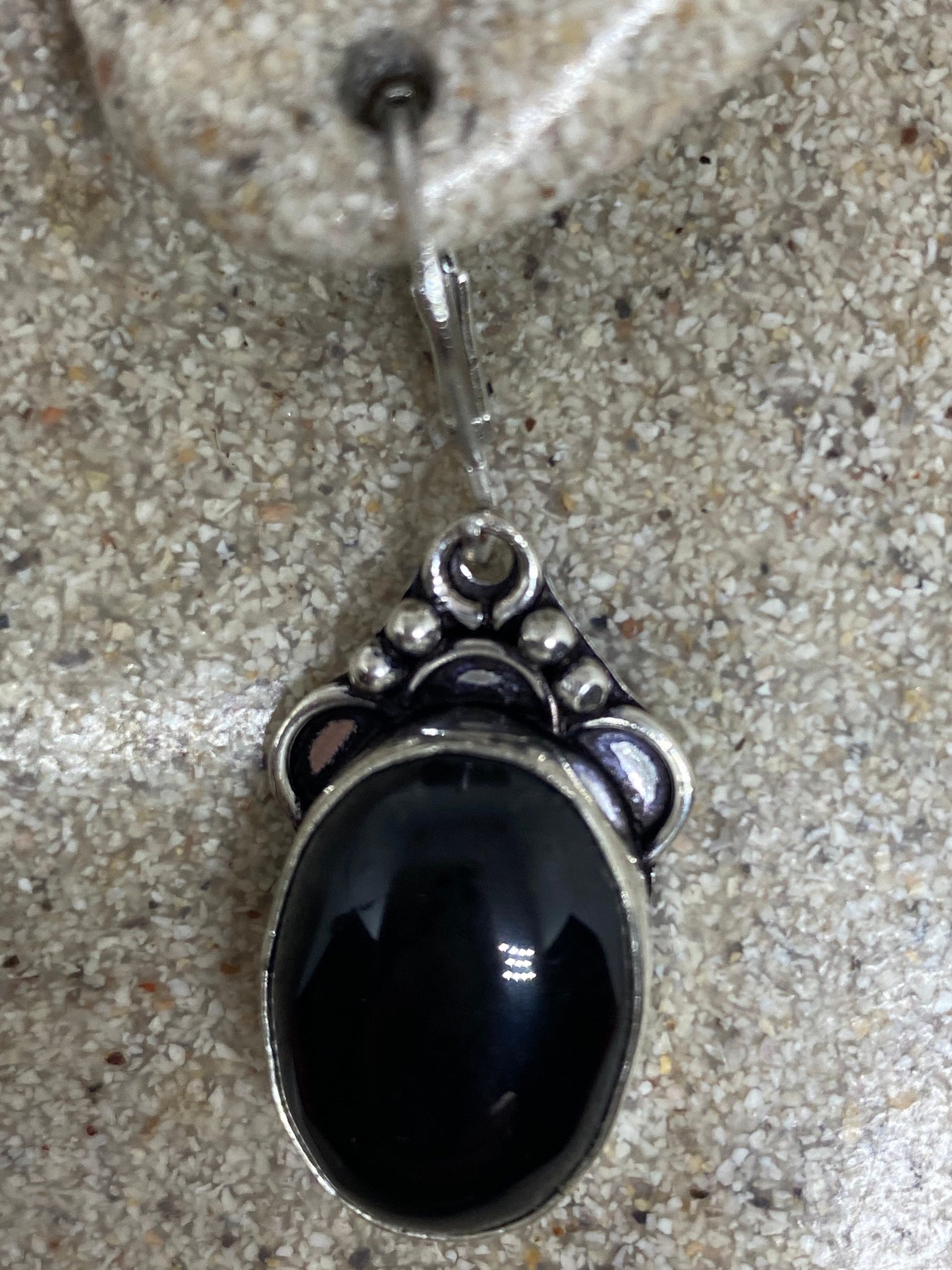 Antique Vintage Black Onyx 925 Silver Dangle LeverBack Earrings