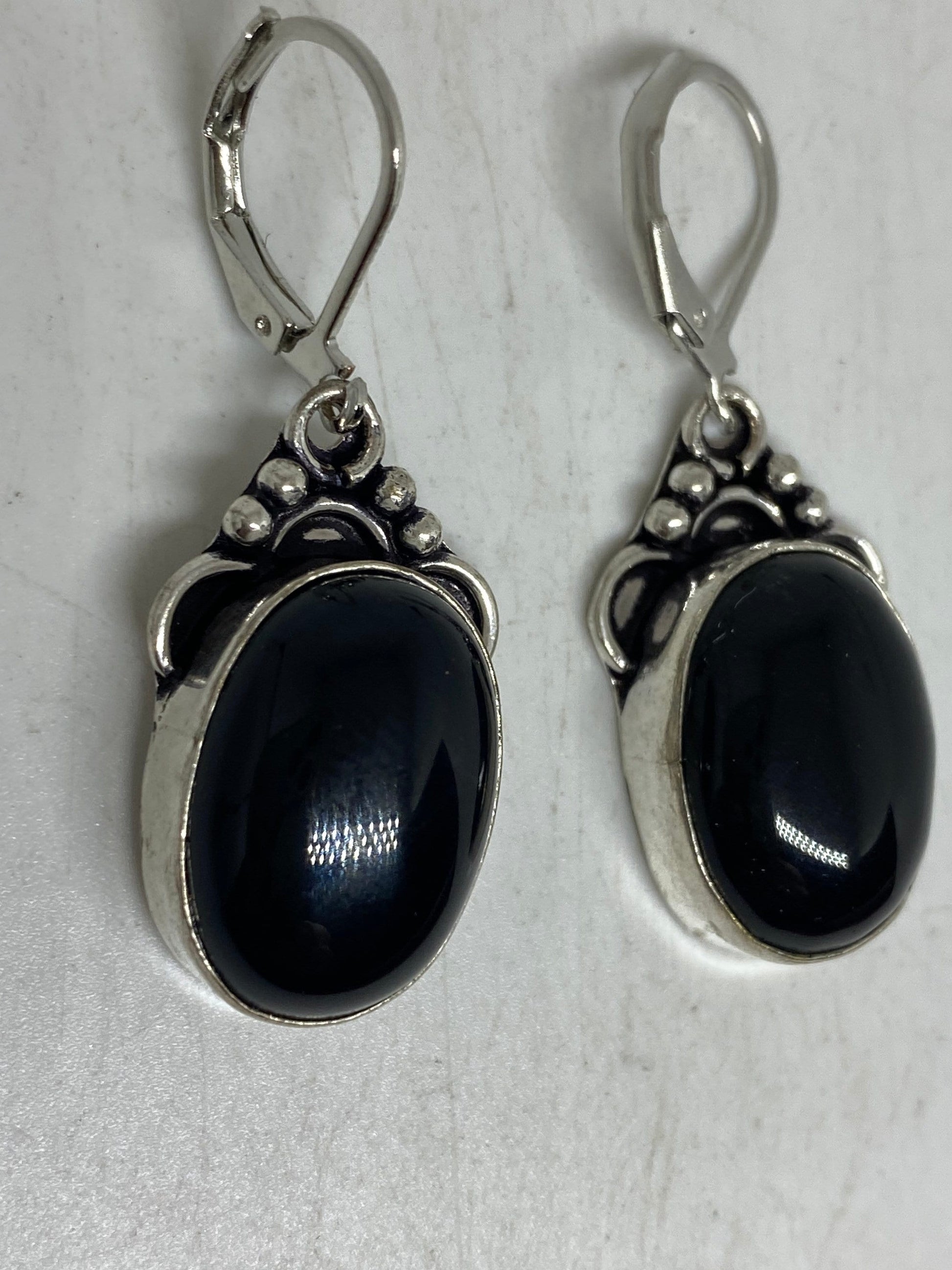 Antique Vintage Black Onyx 925 Silver Dangle LeverBack Earrings