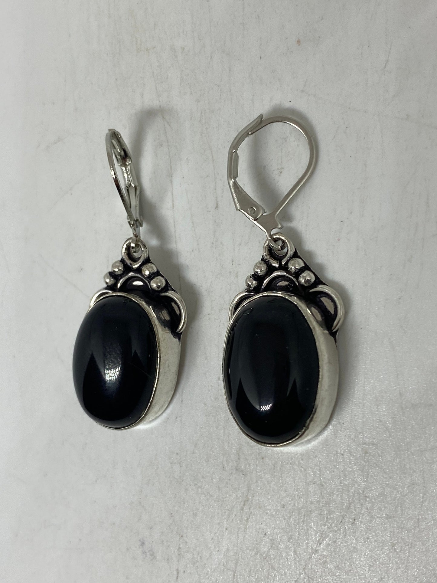 Antique Vintage Black Onyx 925 Silver Dangle LeverBack Earrings