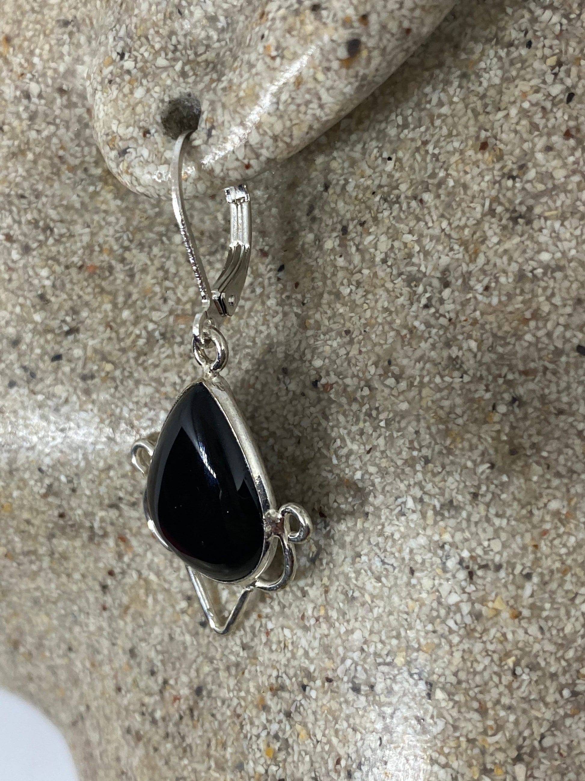 Antique Vintage Black Onyx 925 Silver Dangle LeverBack Earrings