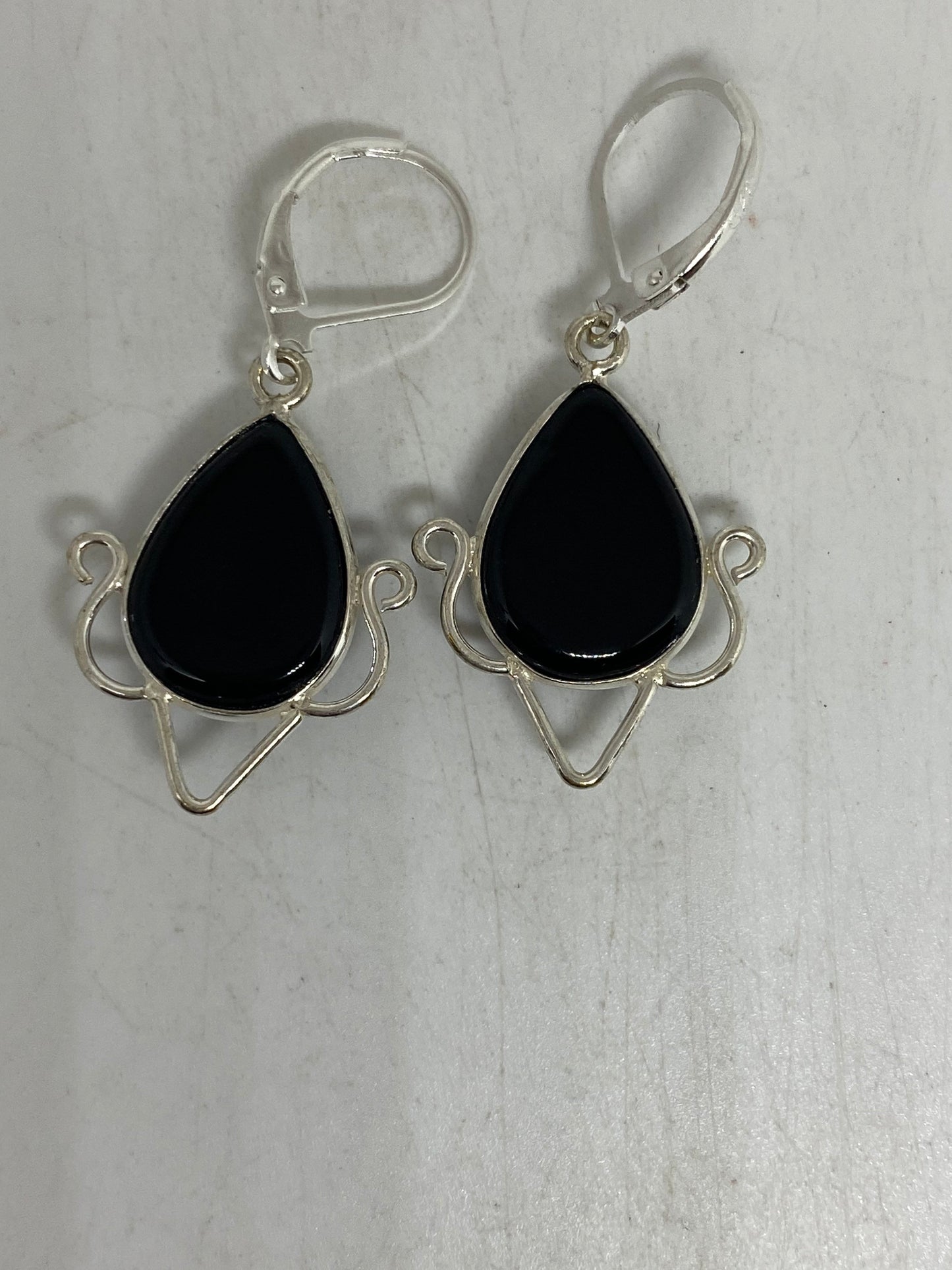 Antique Vintage Black Onyx 925 Silver Dangle LeverBack Earrings