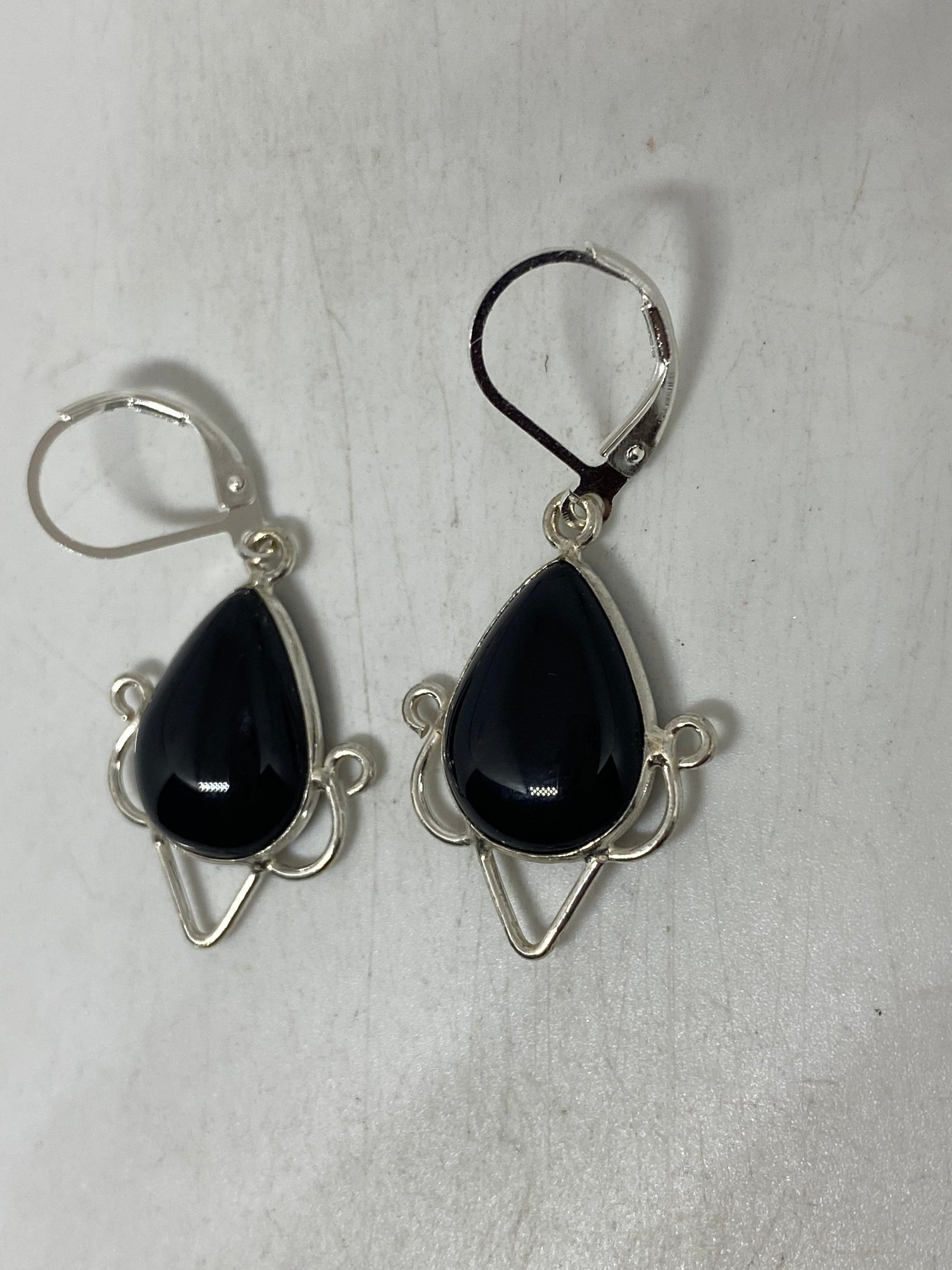 Antique Vintage Black Onyx 925 Silver Dangle LeverBack Earrings