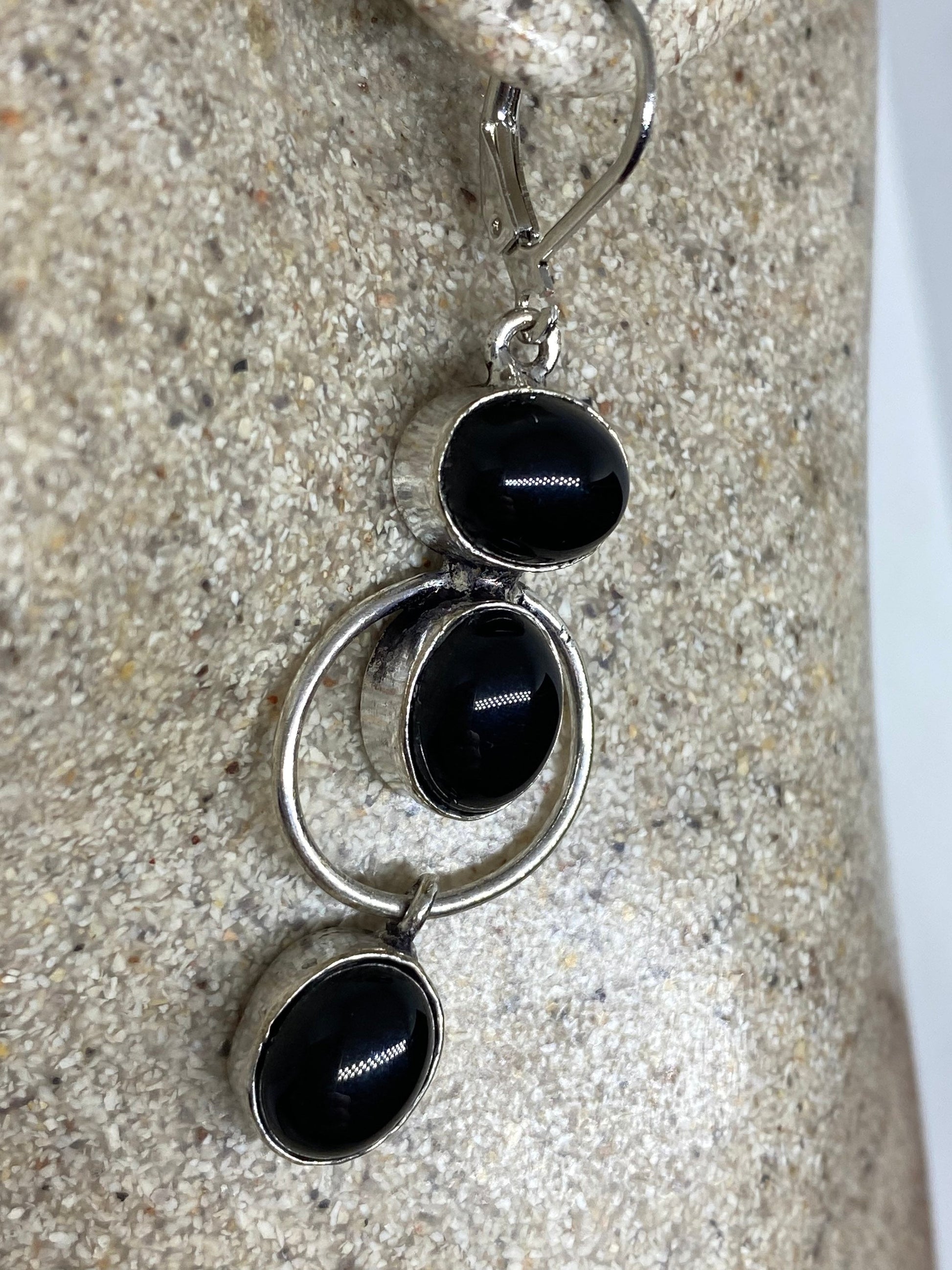 Antique Vintage Black Onyx 925 Silver Dangle LeverBack Earrings