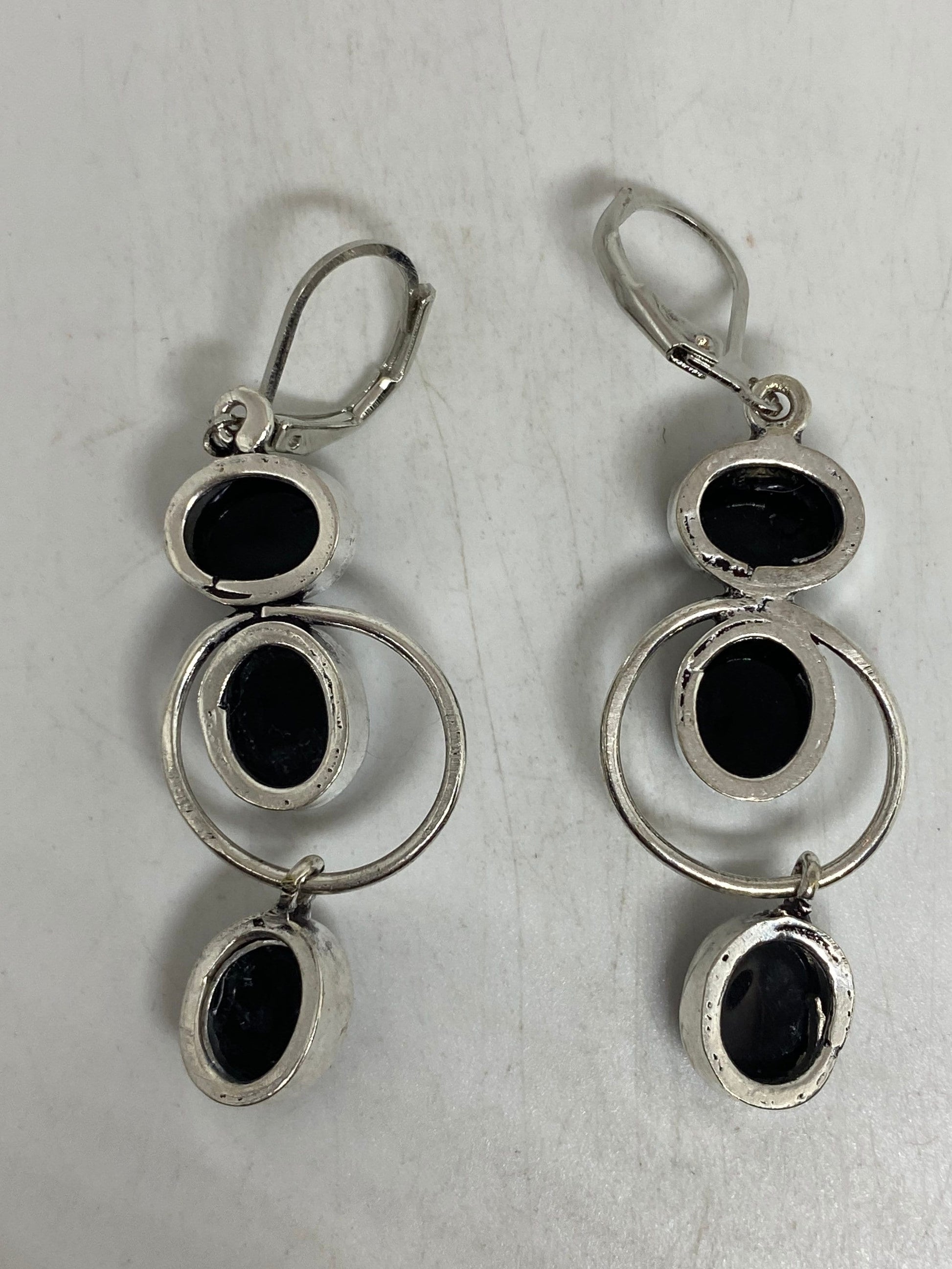 Antique Vintage Black Onyx 925 Silver Dangle LeverBack Earrings