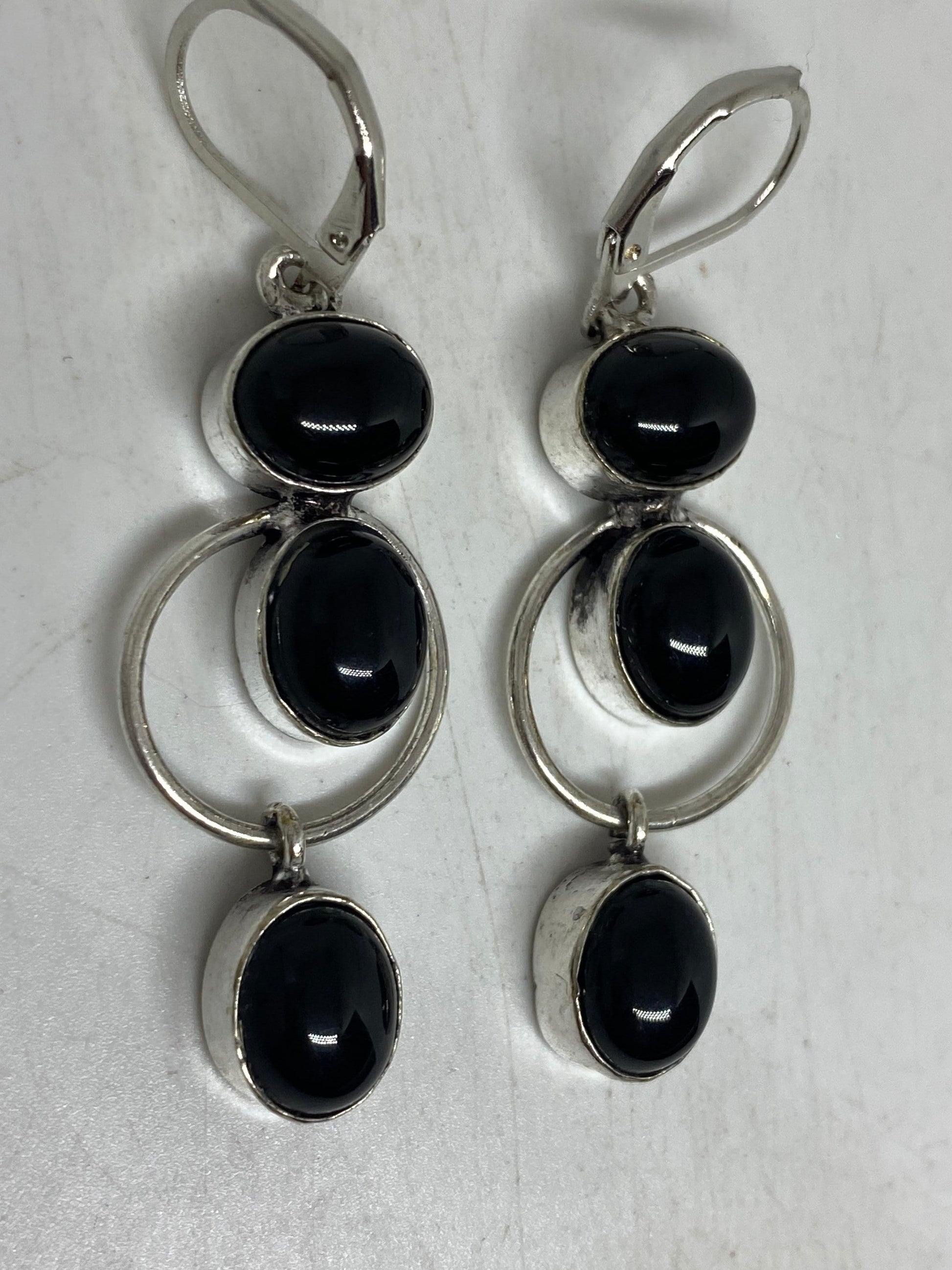 Antique Vintage Black Onyx 925 Silver Dangle LeverBack Earrings