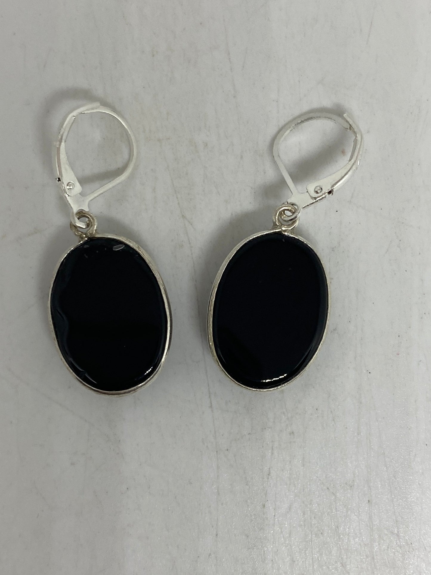 Antique Vintage Black Onyx 925 Silver Dangle LeverBack Earrings