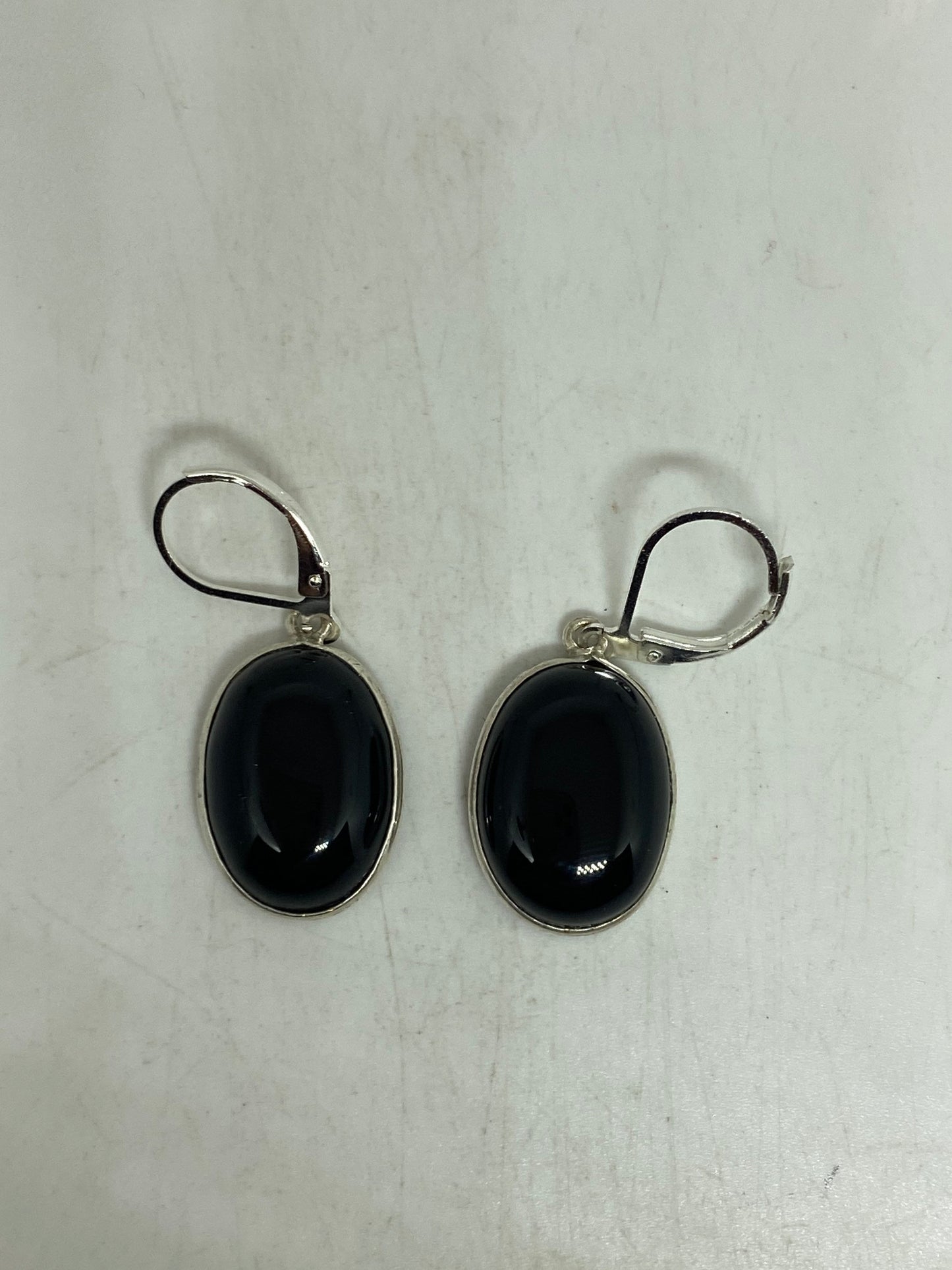 Antique Vintage Black Onyx 925 Silver Dangle LeverBack Earrings