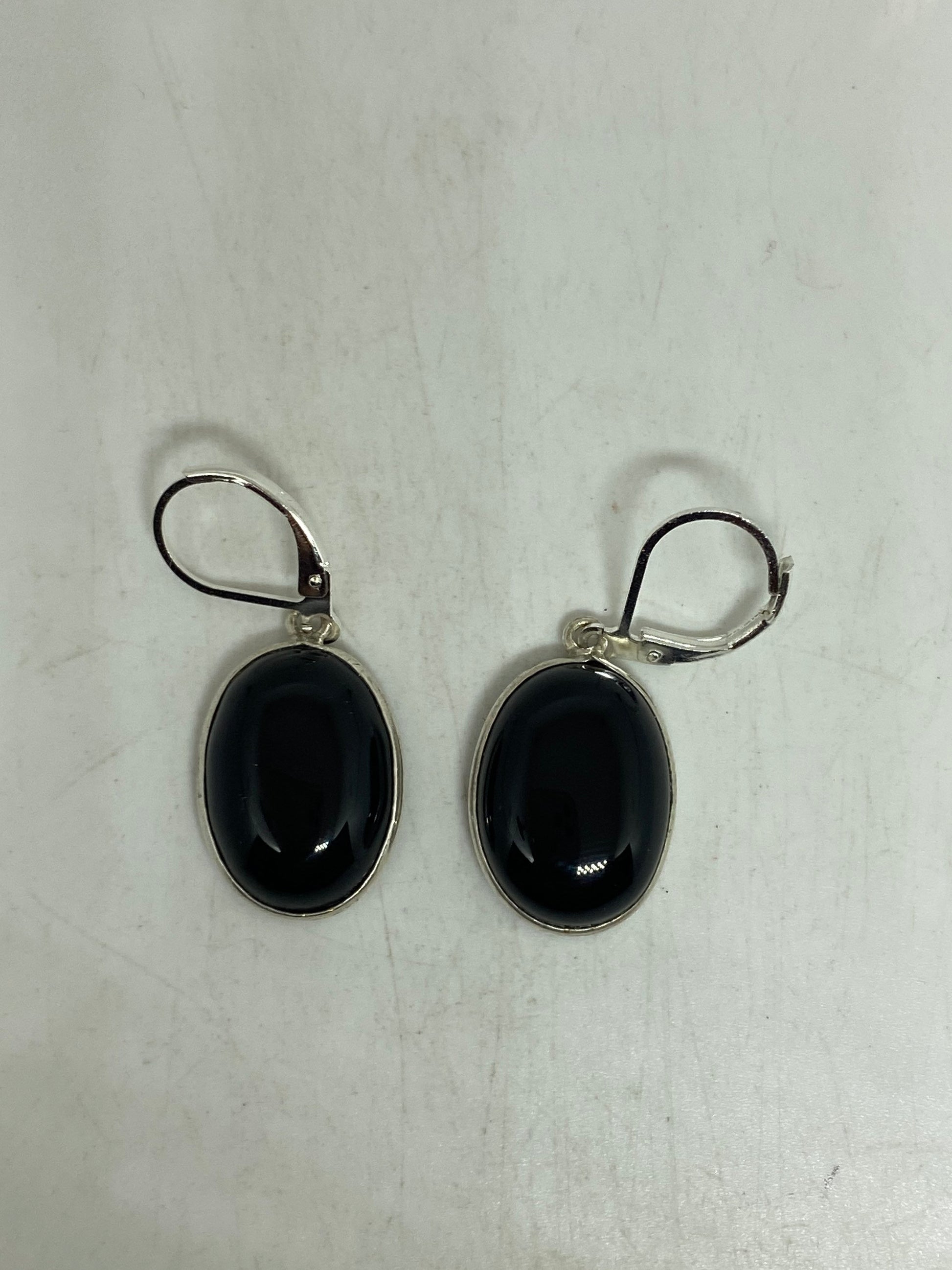 Antique Vintage Black Onyx 925 Silver Dangle LeverBack Earrings