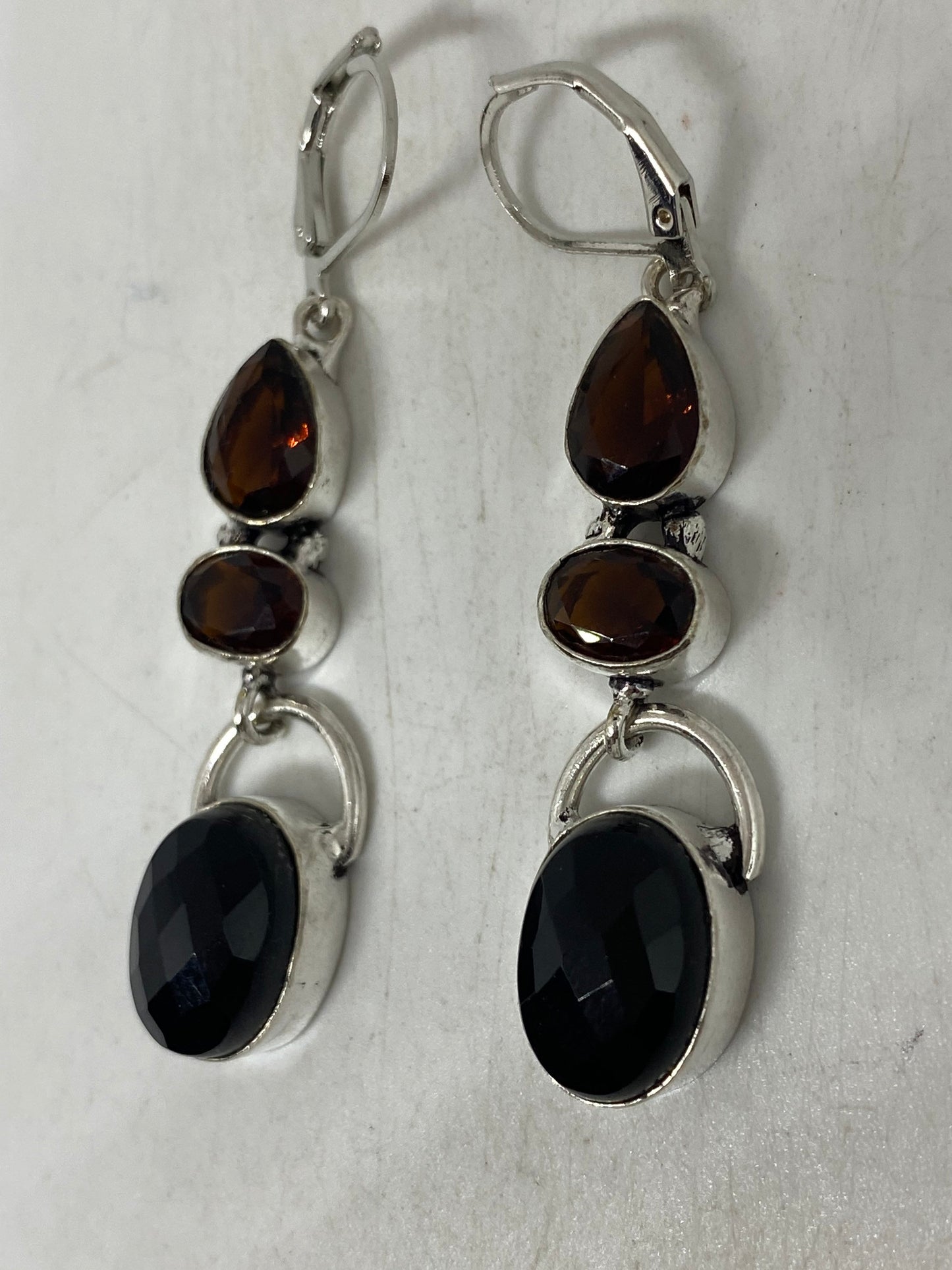 Antique Vintage Black Onyx 925 Silver Dangle LeverBack Earrings