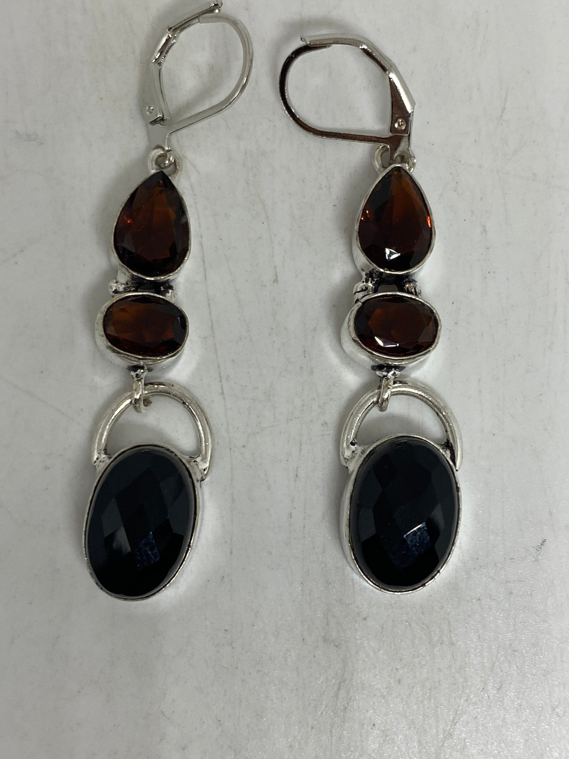 Antique Vintage Black Onyx 925 Silver Dangle LeverBack Earrings