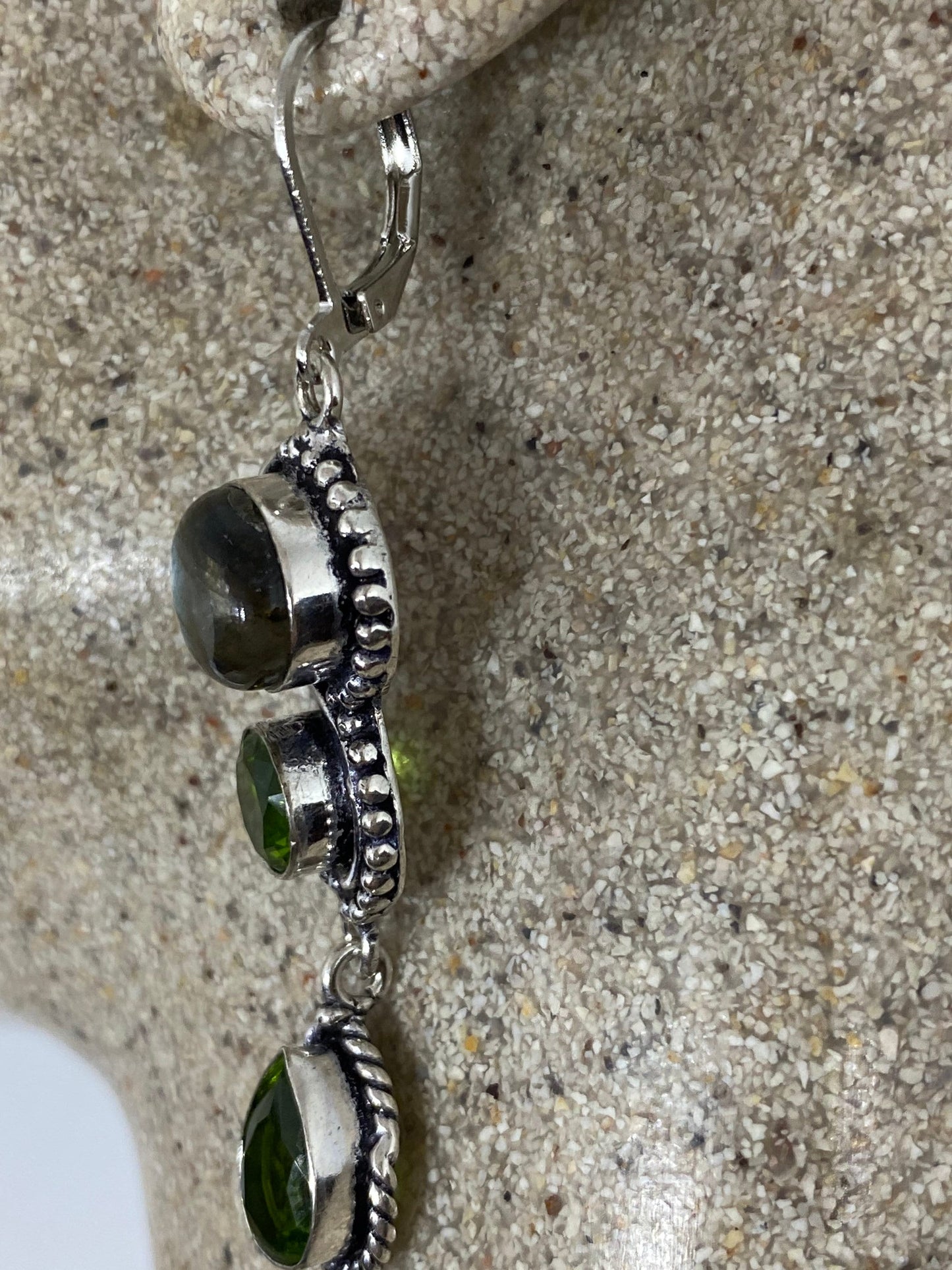 Vintage Rainbow Labradorite Peridot Earrings Dangle 925 Sterling Silver Leverbacks