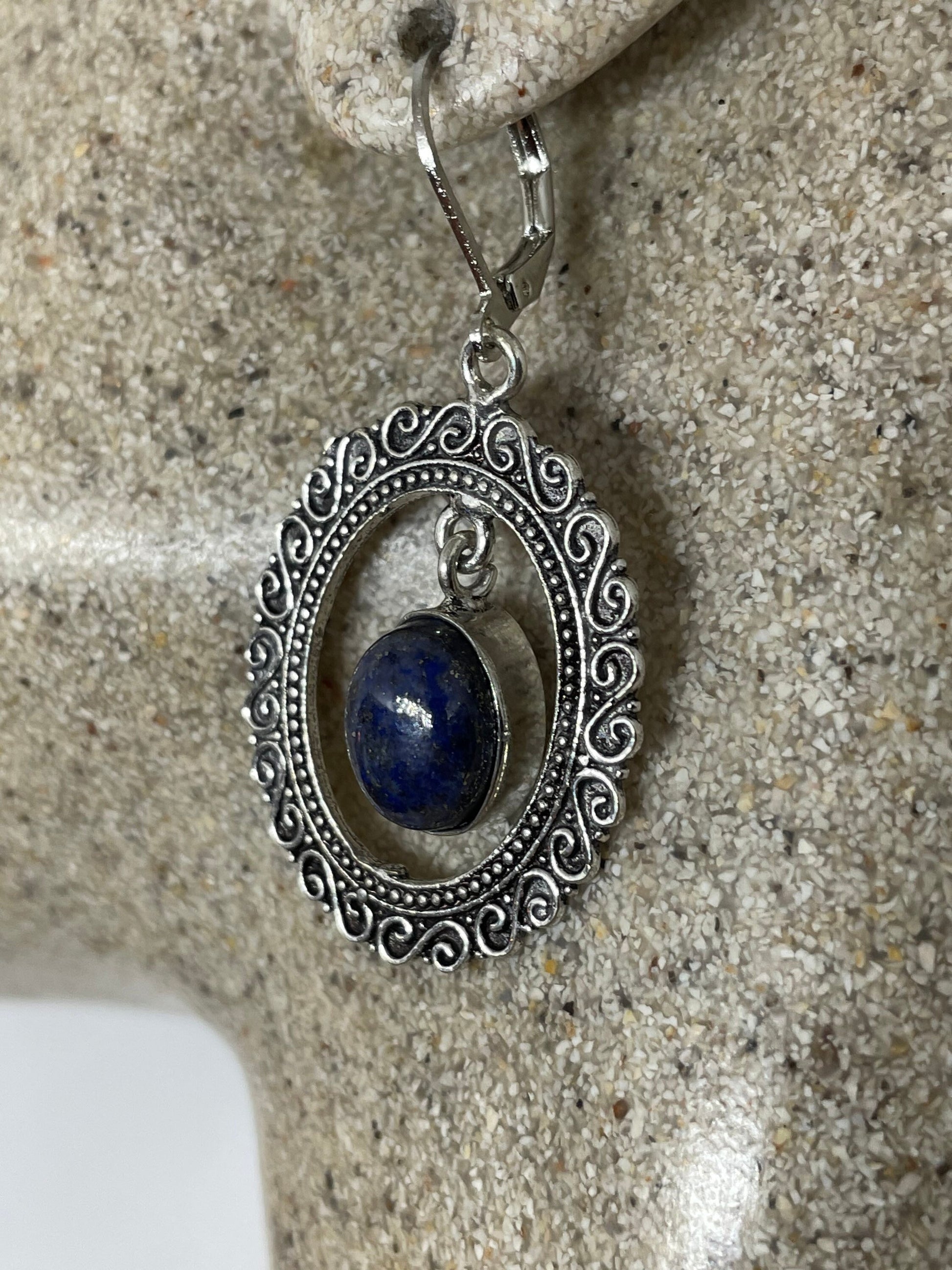 Vintage Blue Lapis Lazuli Earrings Silver Dangle