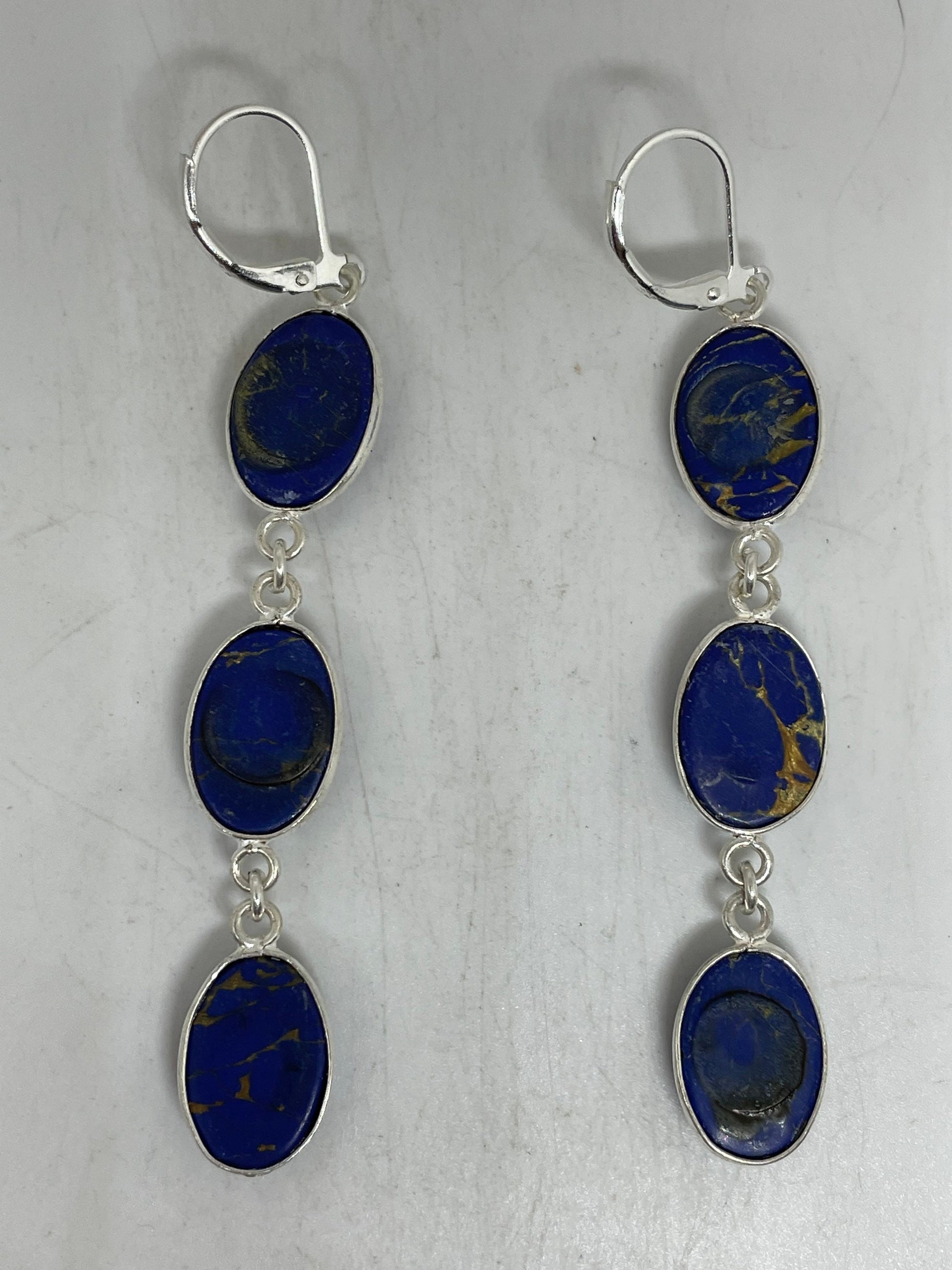 Vintage Blue Lapis Lazuli Earrings Silver Dangle