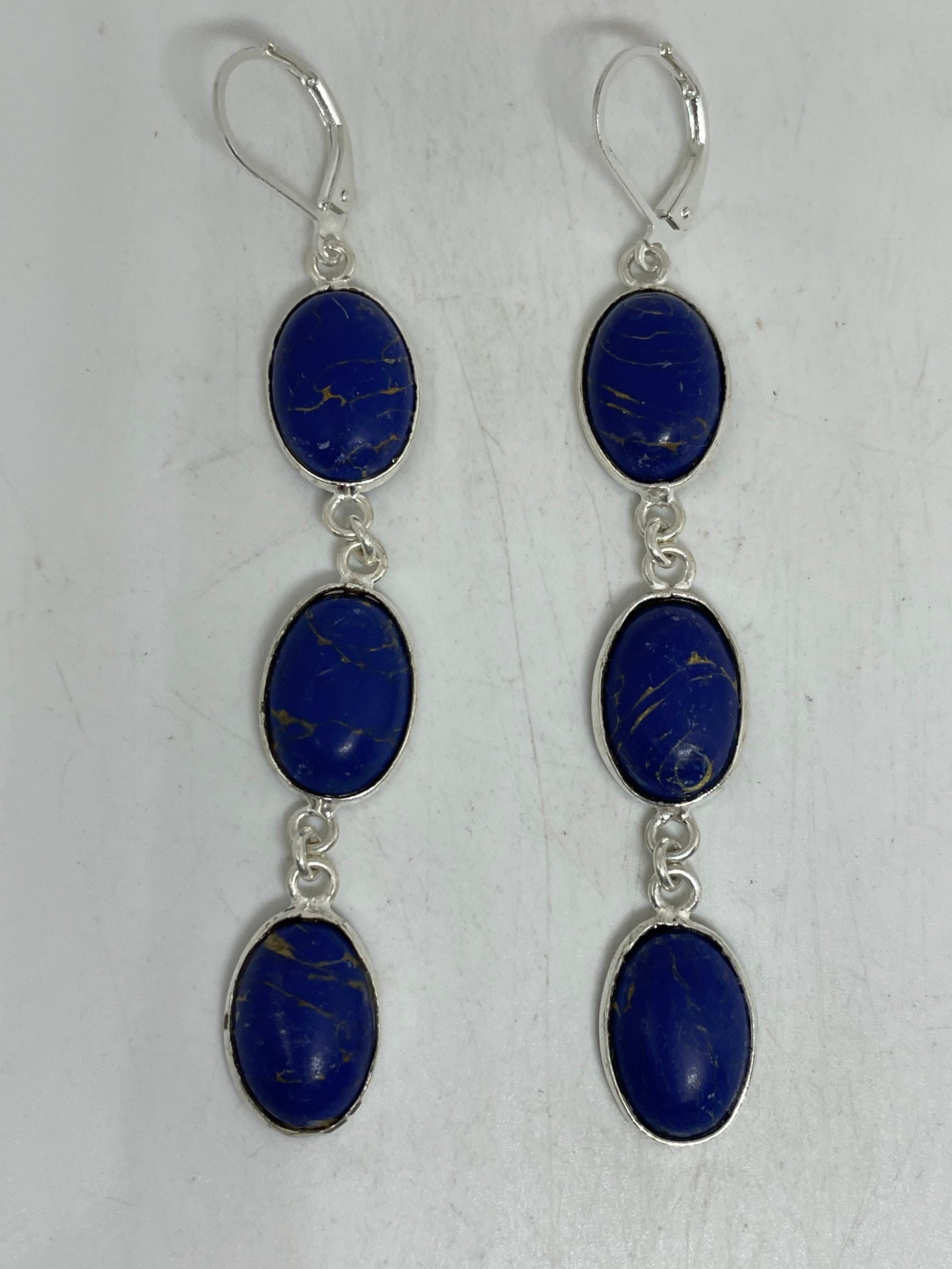 Vintage Blue Lapis Lazuli Earrings Silver Dangle