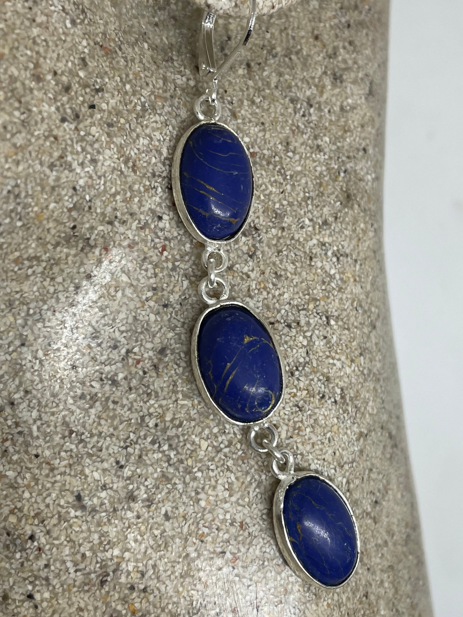 Vintage Blue Lapis Lazuli Earrings Silver Dangle