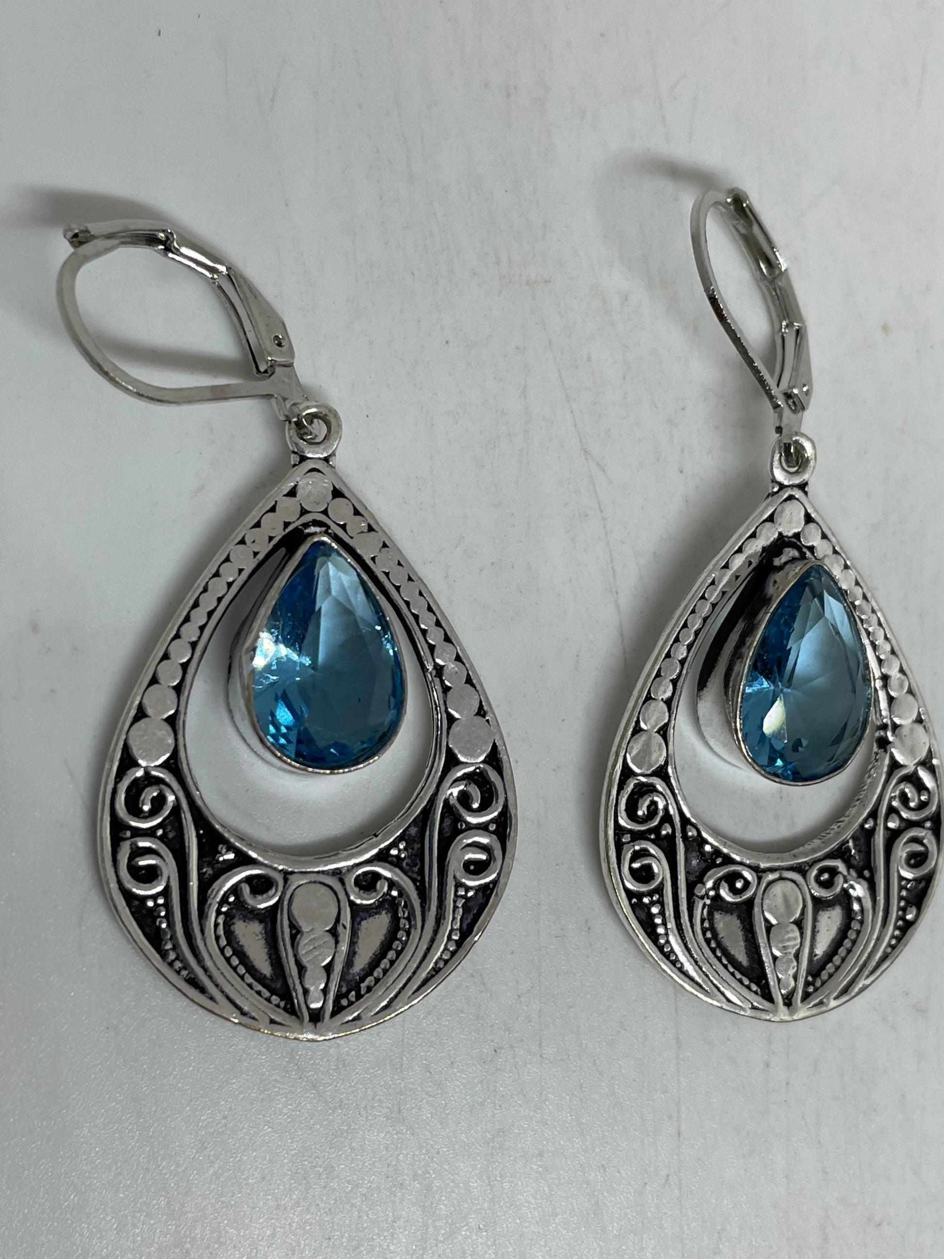 Vintage Genuine Blue Topaz 925 Sterling Silver Lever Back Earrings