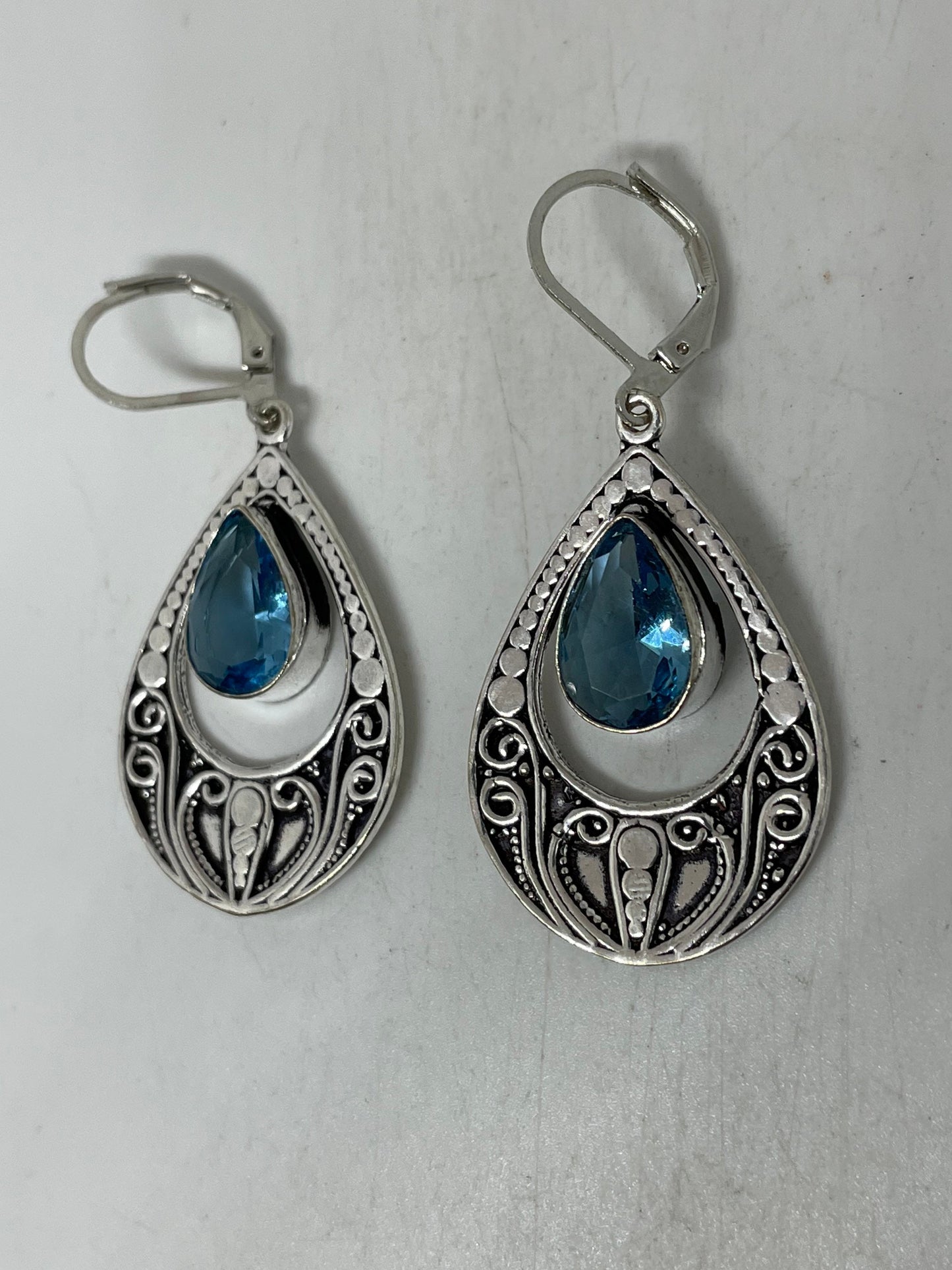 Vintage Genuine Blue Topaz 925 Sterling Silver Lever Back Earrings