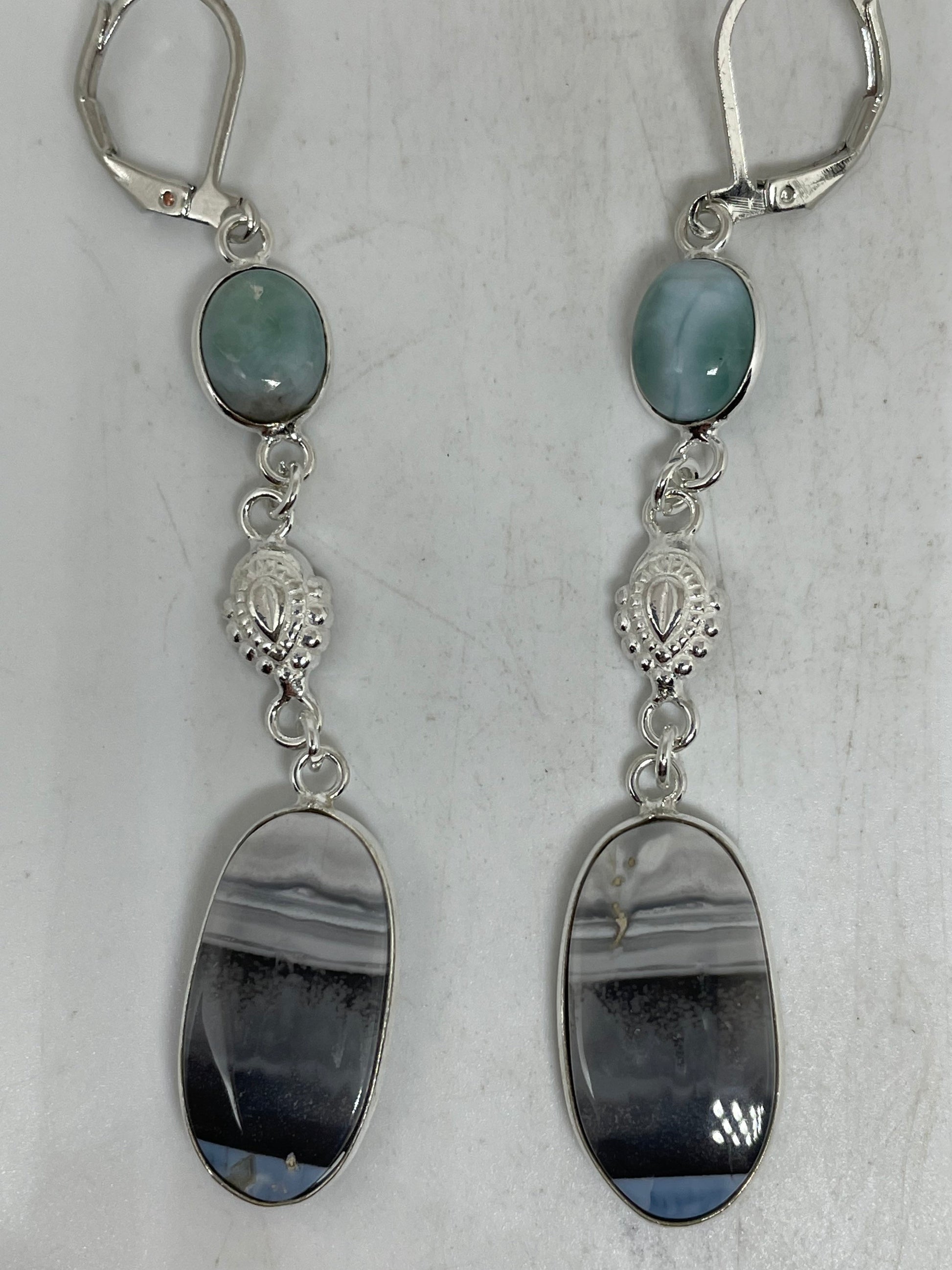 Vintage Sterling Silver Blue Turquoise Larimar and Agate Earrings