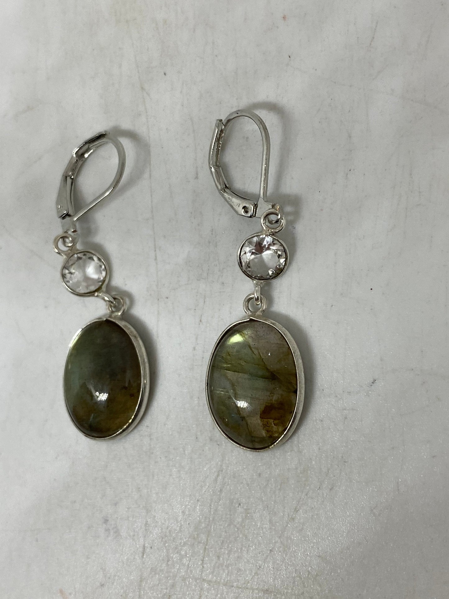 Vintage Green Labradorite Dangle Earrings 925 Sterling Silver Lever Backs