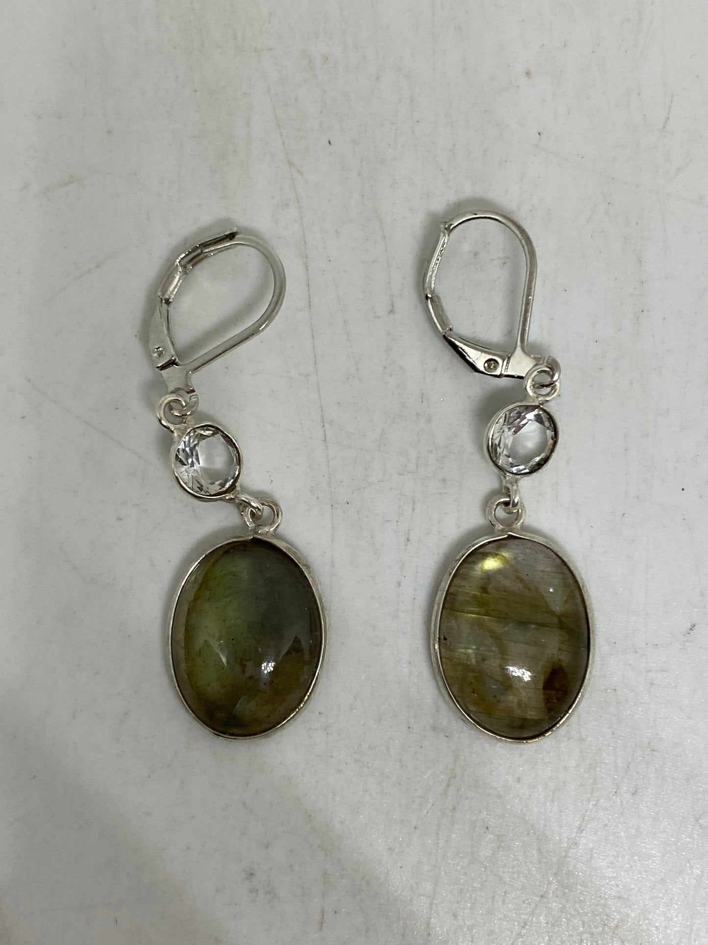 Vintage Green Labradorite Dangle Earrings 925 Sterling Silver Lever Backs