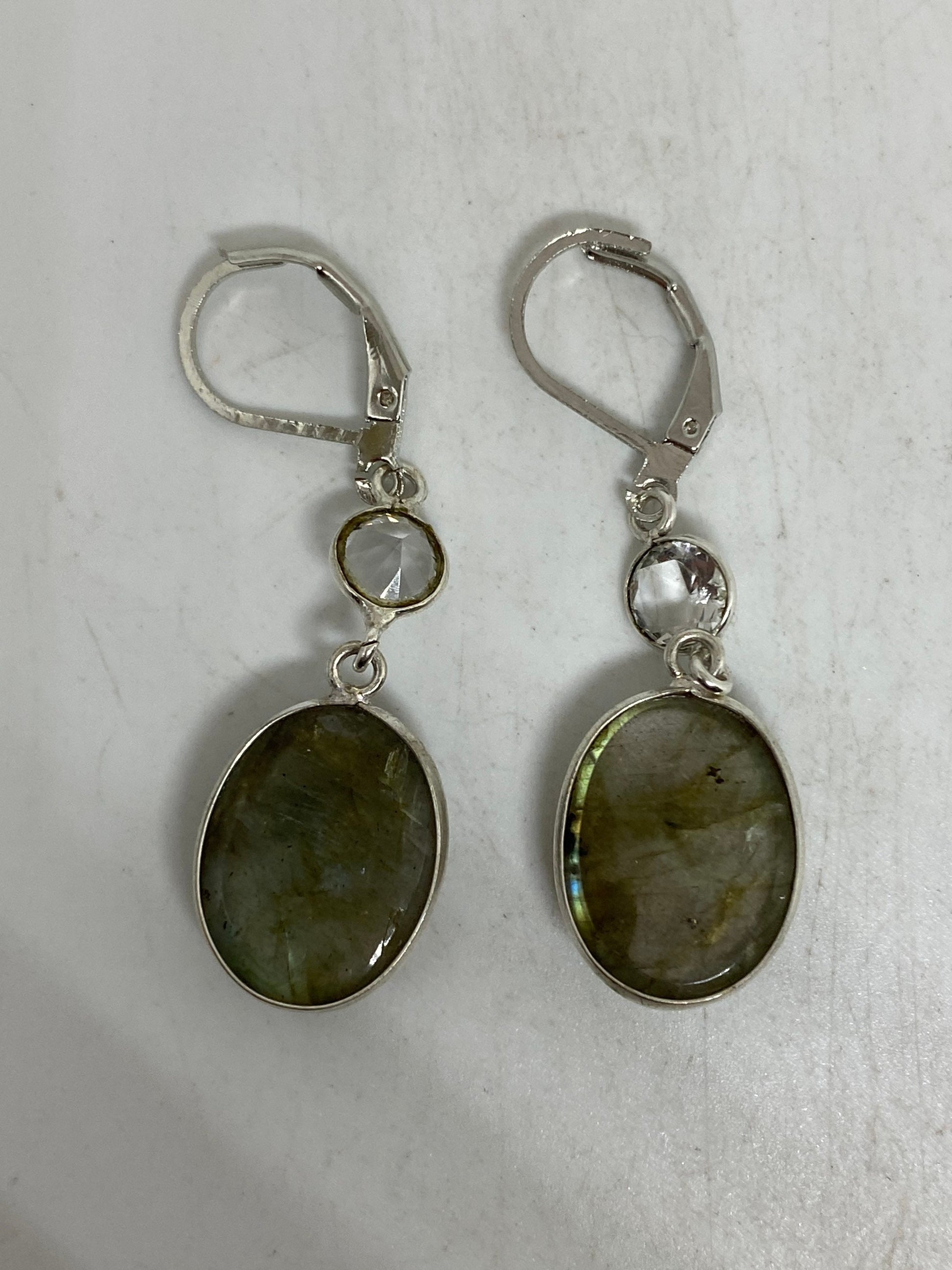 Vintage Green Labradorite Dangle Earrings 925 Sterling Silver Lever Backs