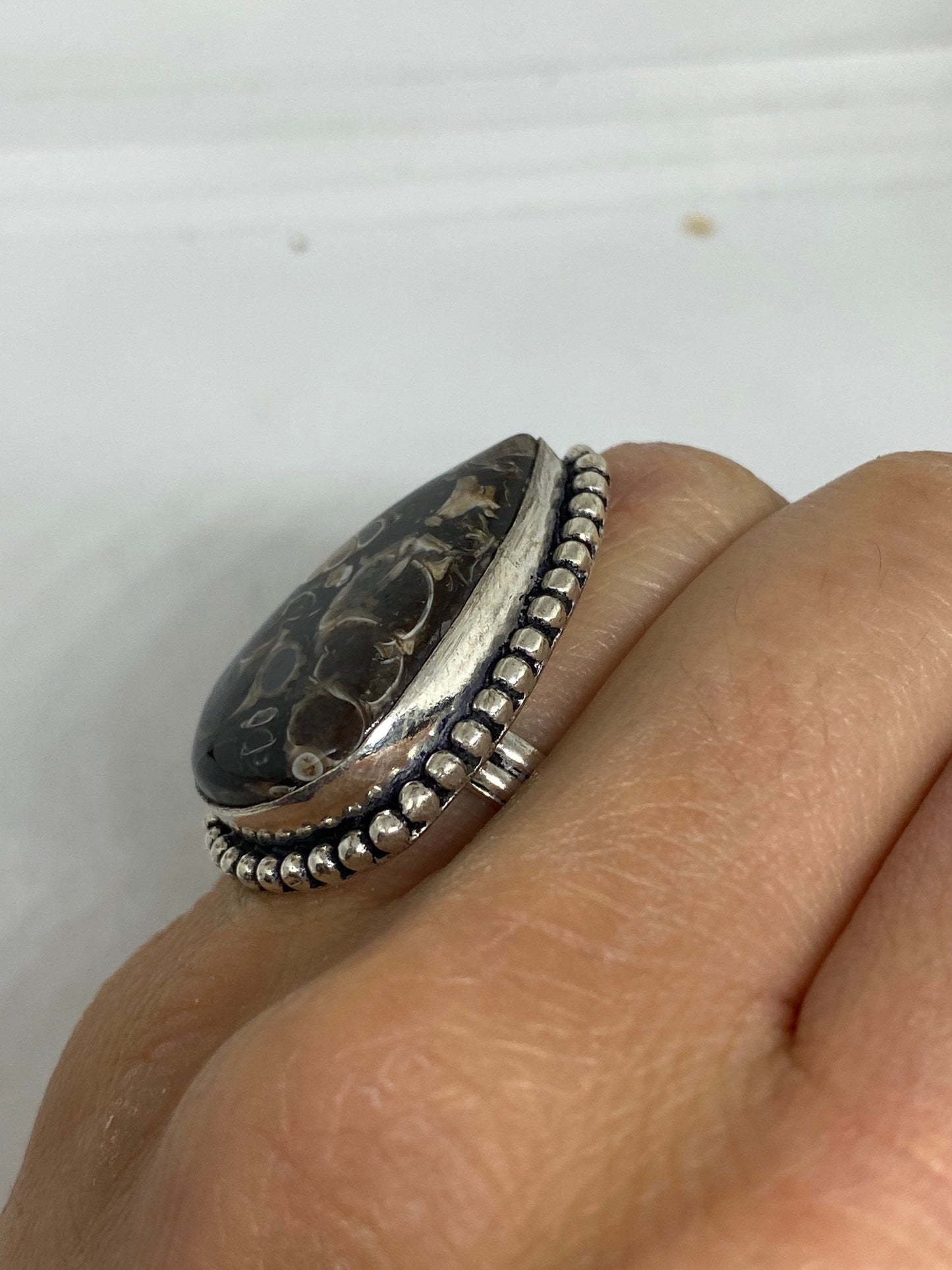 Vintage Brown Fossil agate Cocktail Ring