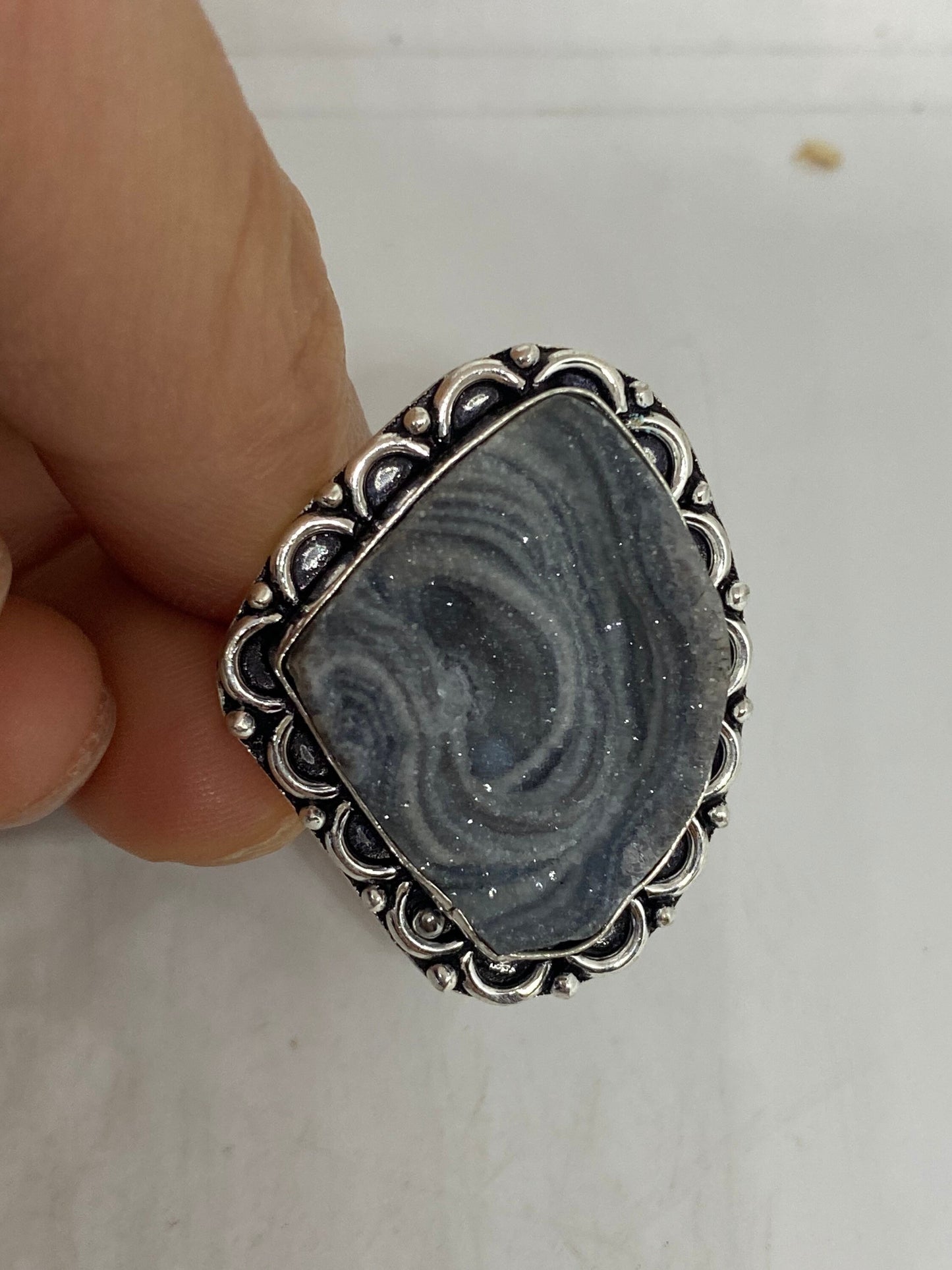 Vintage Gray Genuine Chalcedony Rose Crystal Ring