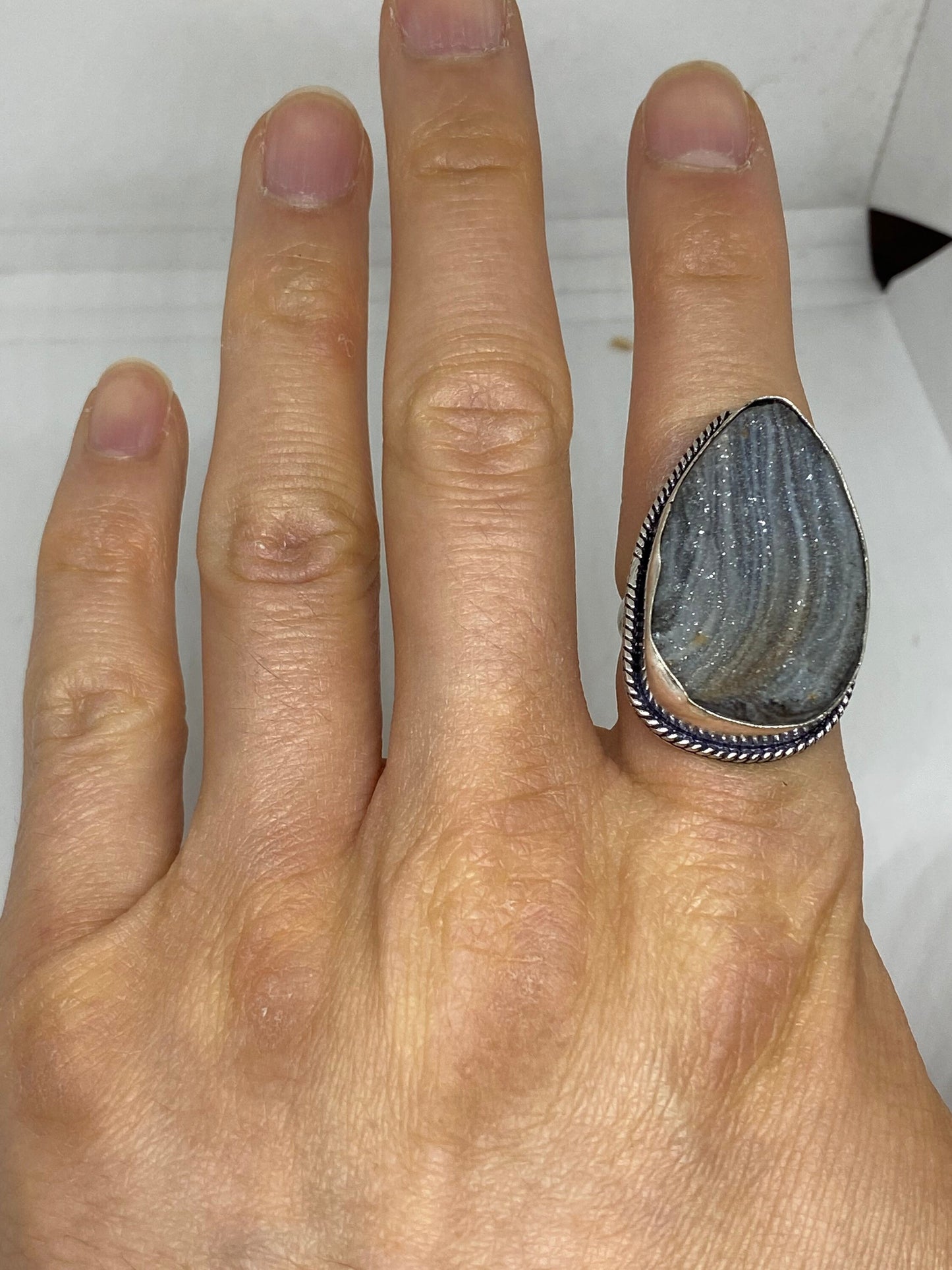 Vintage Gray Genuine Chalcedony Rose Crystal Ring