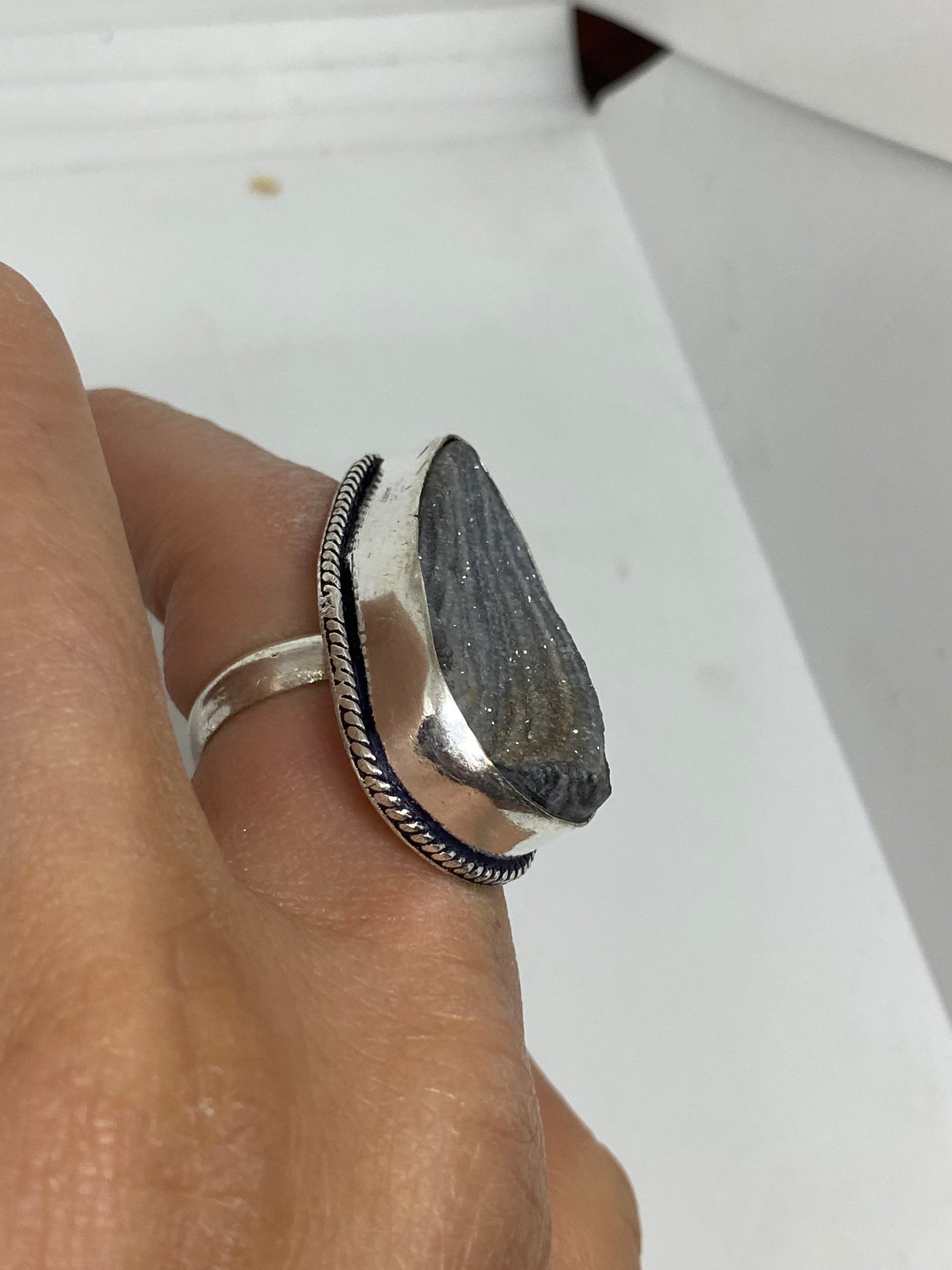 Vintage Gray Genuine Chalcedony Rose Crystal Ring