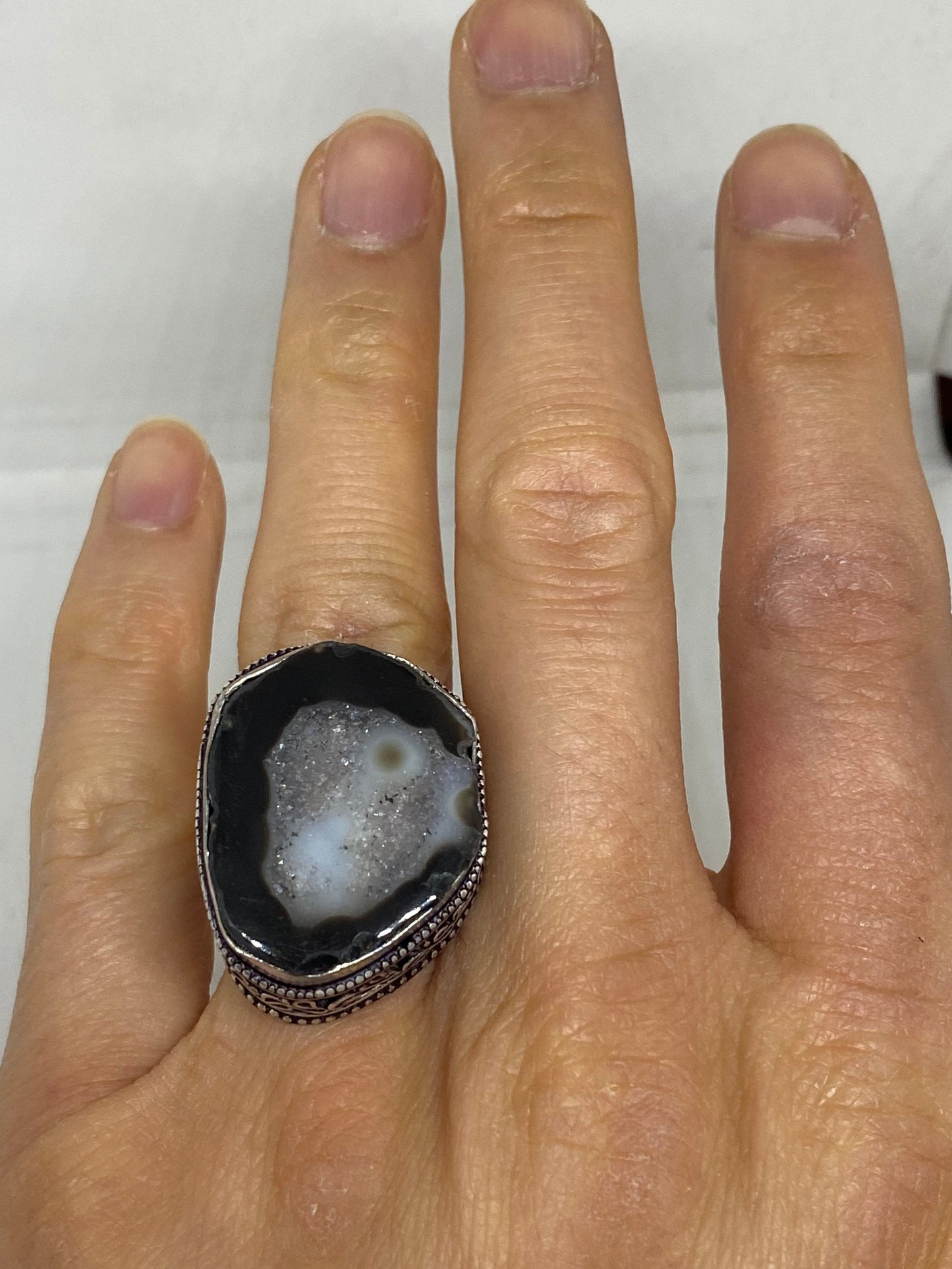 Vintage Gray Genuine Chalcedony Rose Crystal Ring