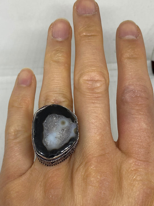 Vintage Gray Genuine Chalcedony Rose Crystal Ring