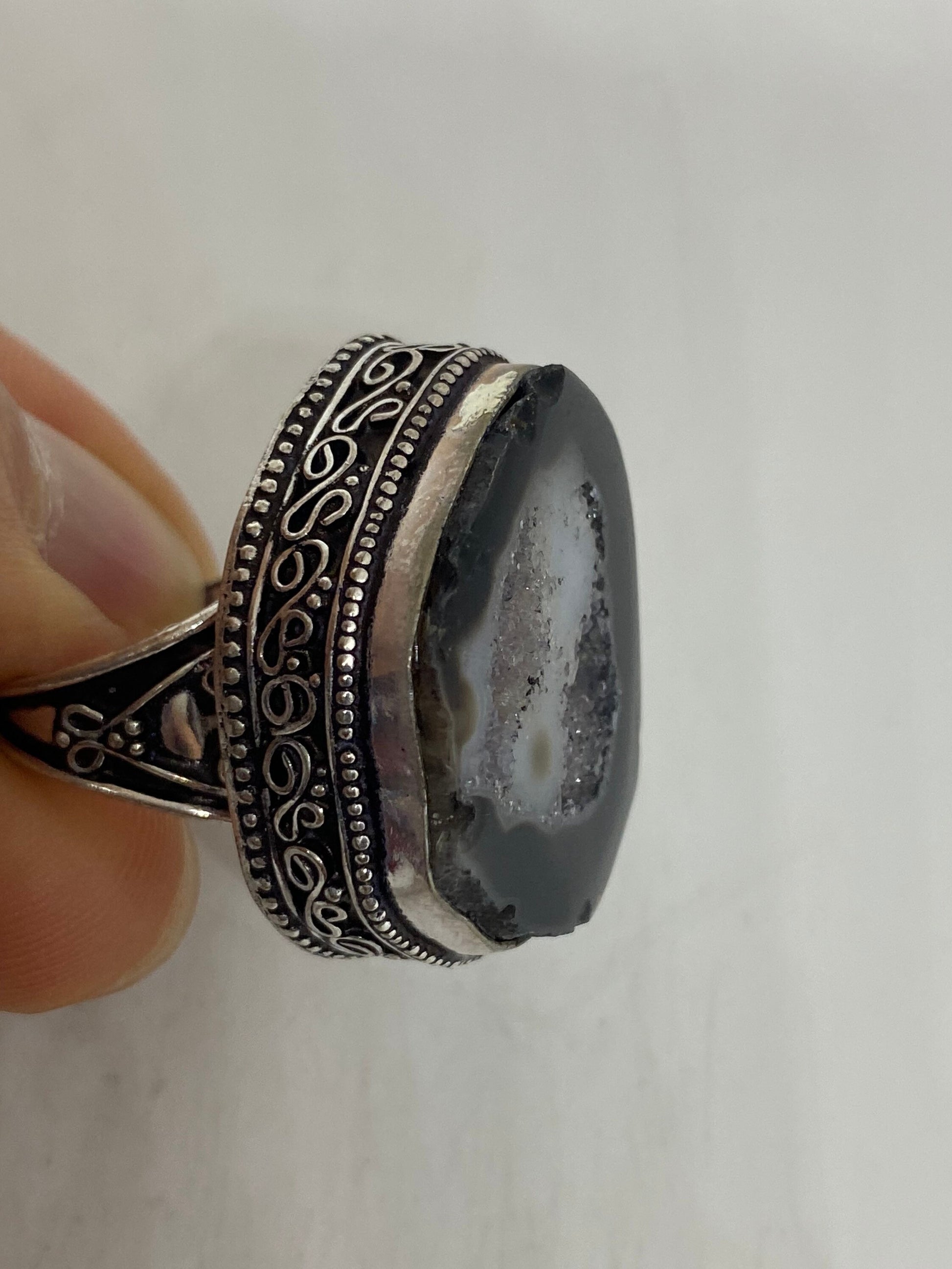 Vintage Gray Genuine Chalcedony Rose Crystal Ring