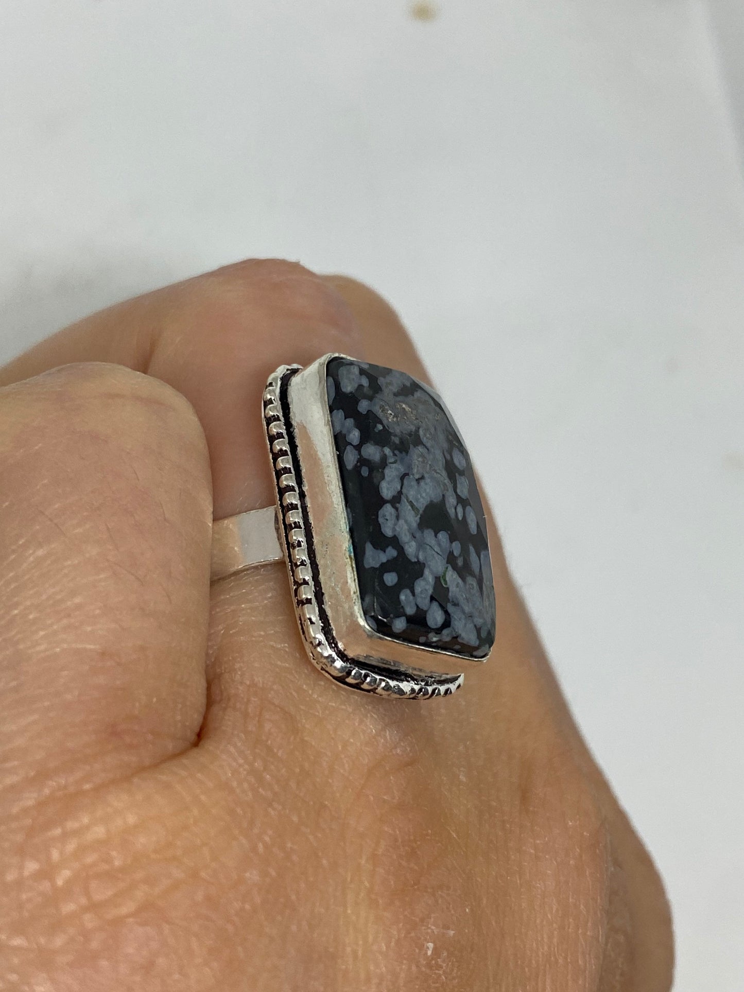 Vintage Snowflake Obsidian Black and Grey agate Bronze Silver Gothic Ring